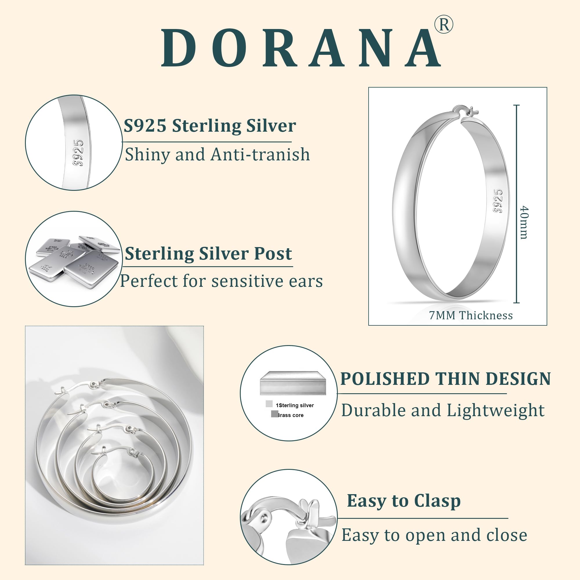 DORANA Big Silver Hoop Earrings for Women Sterling Silver Hoop Earrings Large Silver Hoops Hypoallergenic Thick Silver Chunky Hoops Earrings 925 Sterling Silver Hoop Earrings