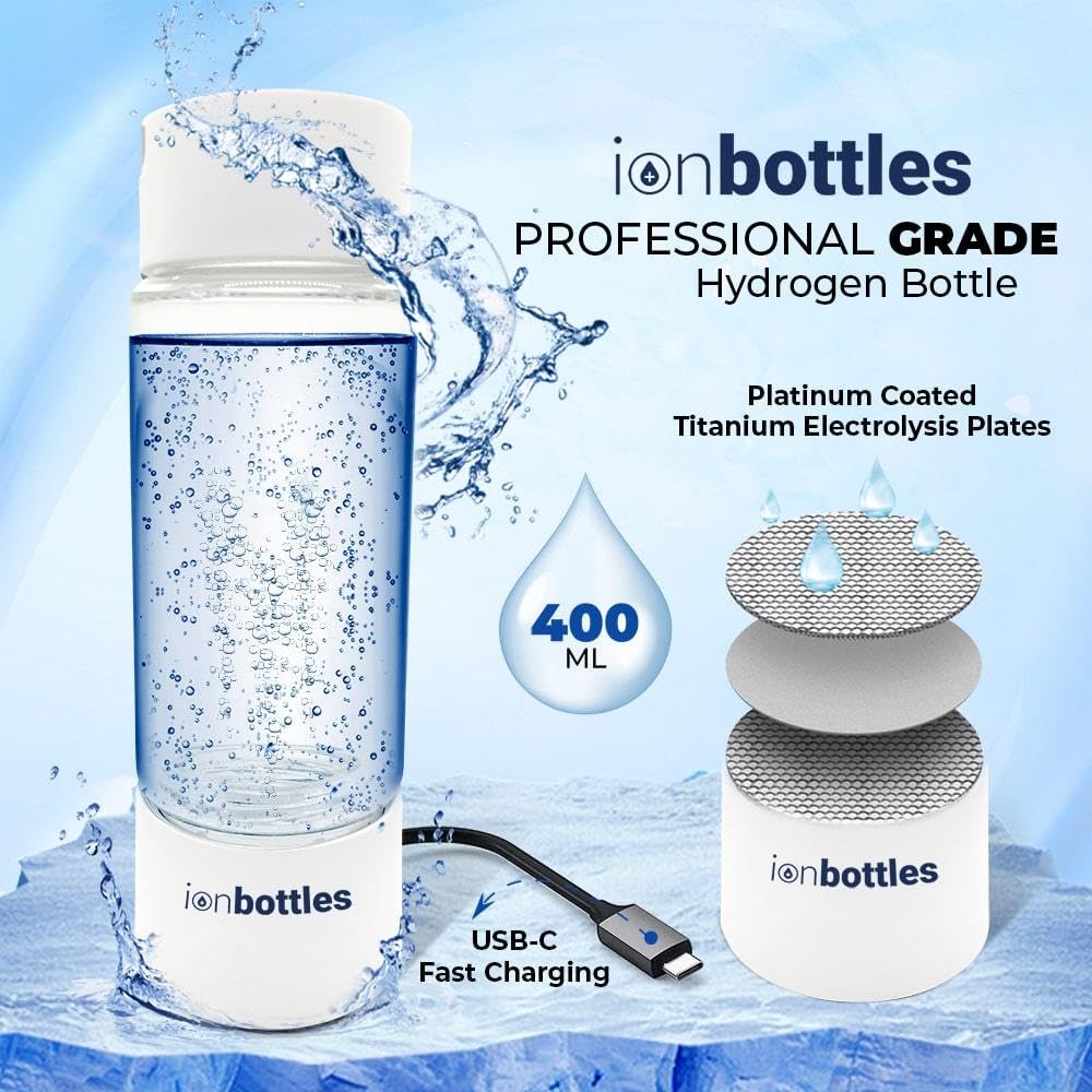 IonBottles Pro Hydrogen Water Bottle – 3.0 PPM H?, Rechargeable, Portable, BPA-Free, 14 oz Glass Bottle, Molecular Hydrogen Generator USB C Rechargeable