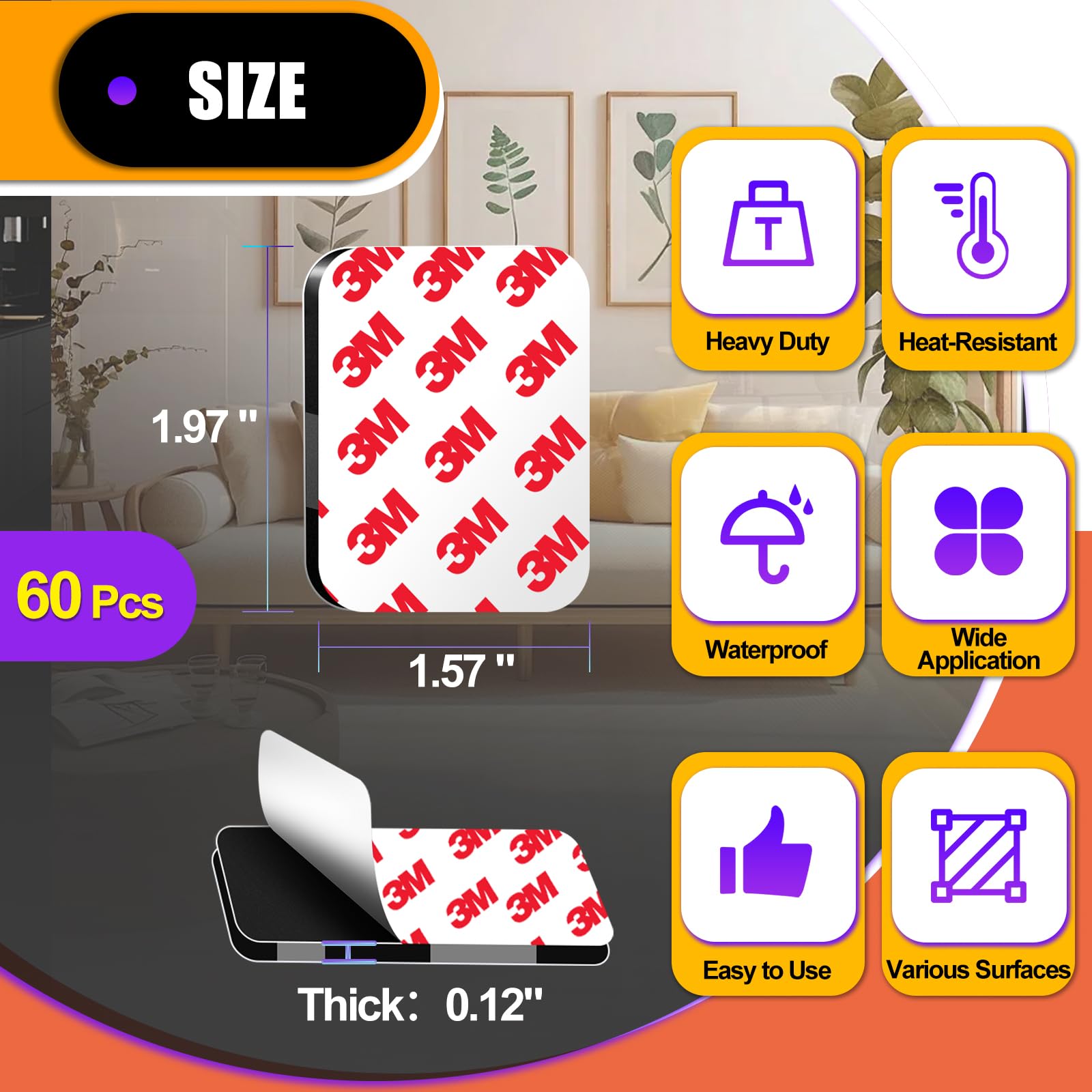 PHIXBEAR 60 Pcs Strong Double Sided Adhesive Pads, Made of 3M, Heavy Duty Square Sticky Mounting Foam Tape for Car Décor Wall, 0.12" Thick Black Sticky Pads 1.57x 1.97