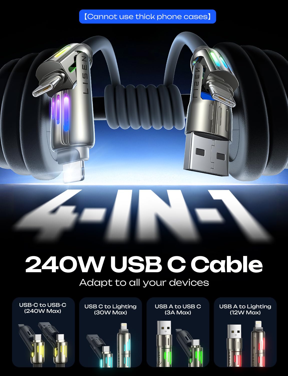 USB C to USB C Cable, LISEN 240W 4 in 1 Charging Cable 6.6FT, Chubby USB A/C to C/L Multi Charging Cable with Light for iPhone 16 15 14 Pro Max/MacBook/iPad Pro/Samsung, Multi Chargers for All Devices