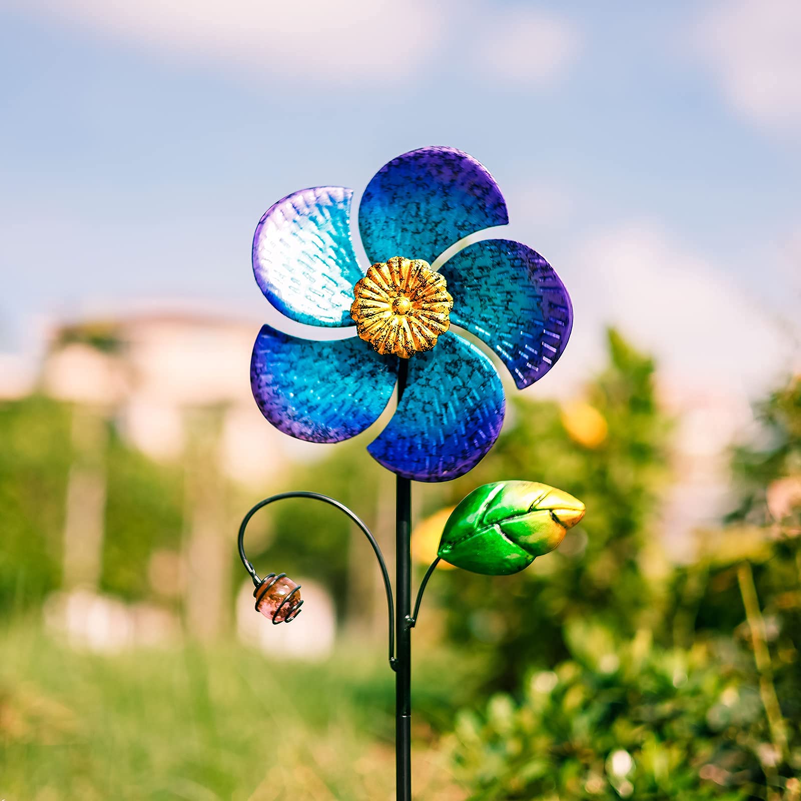 Viveta Wind Spinner with Metal Stake, 28.7 inches Outdoor Garden Pinwheels Spinners Blue Flower Shape Design for Yard Lawn Patio Decor