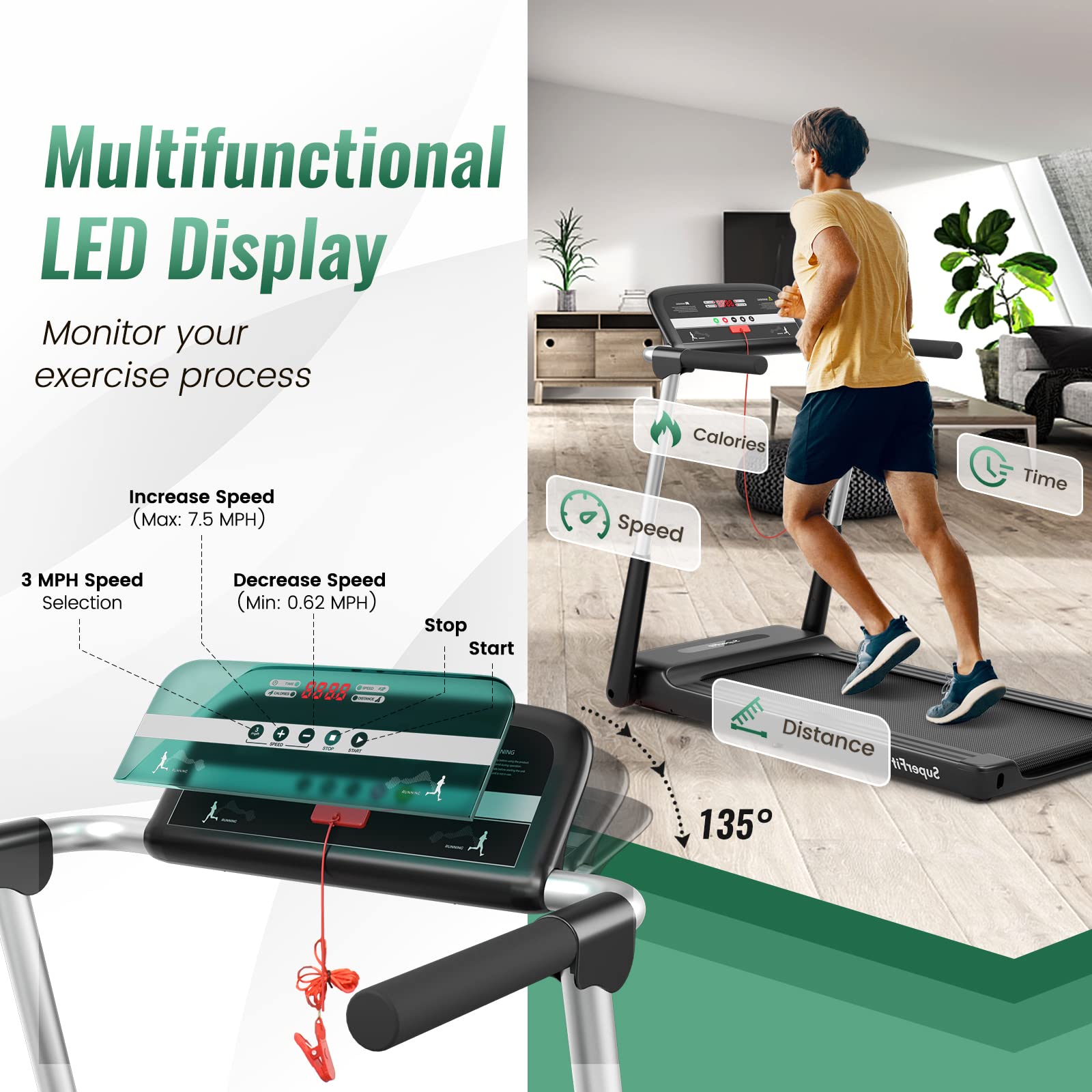GYMAX Foldable Treadmill, 2.25HP Portable Treadmill with App Control & LED Monitor, Compact Running Walking Jogging Machine for Small Space, Home Gym Workout Fitness Folding Treadmill