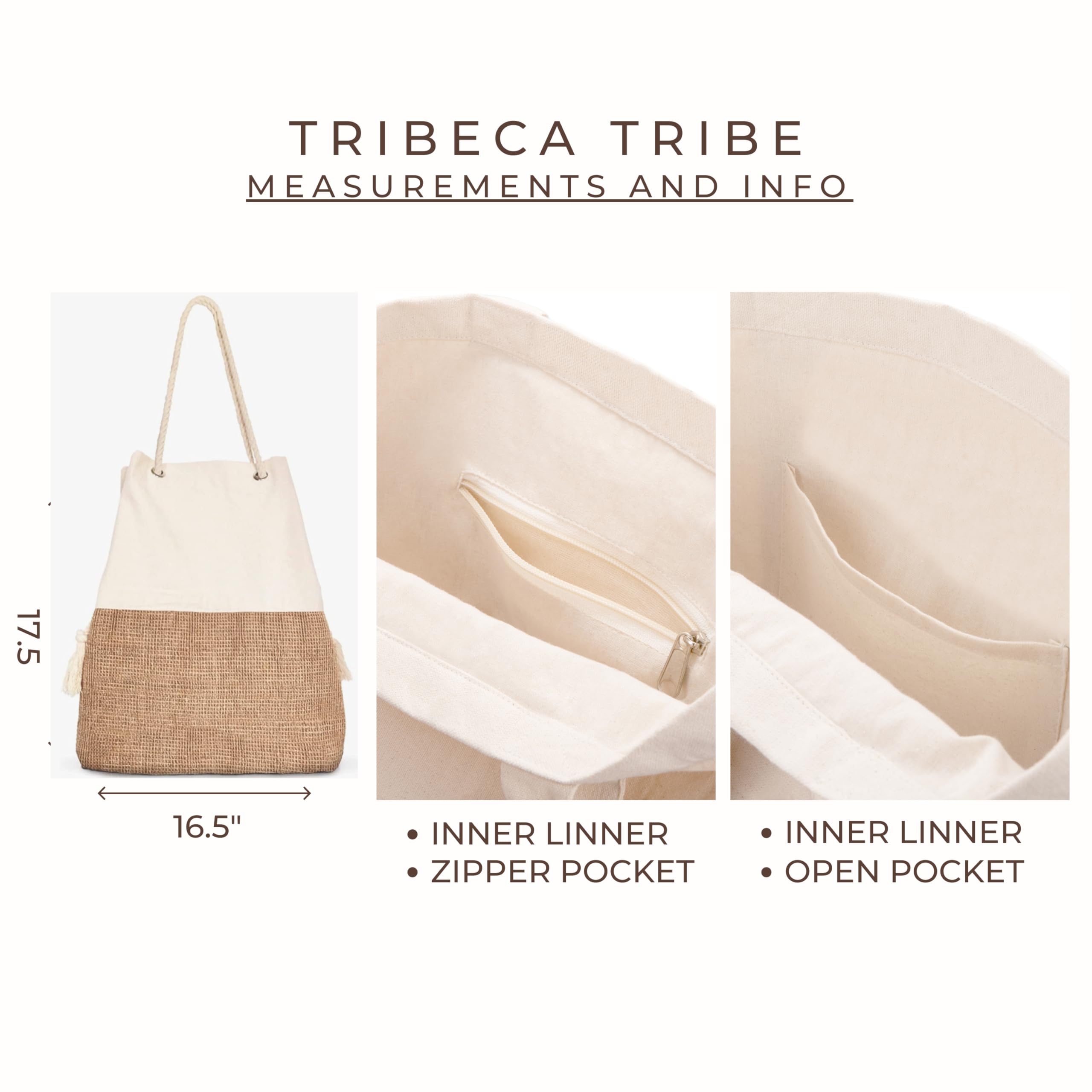 TRIBECA TRIBE Large Beach Tote - Women's Travel Tote with Hat Holder - Perfect for Vacation (Beige)