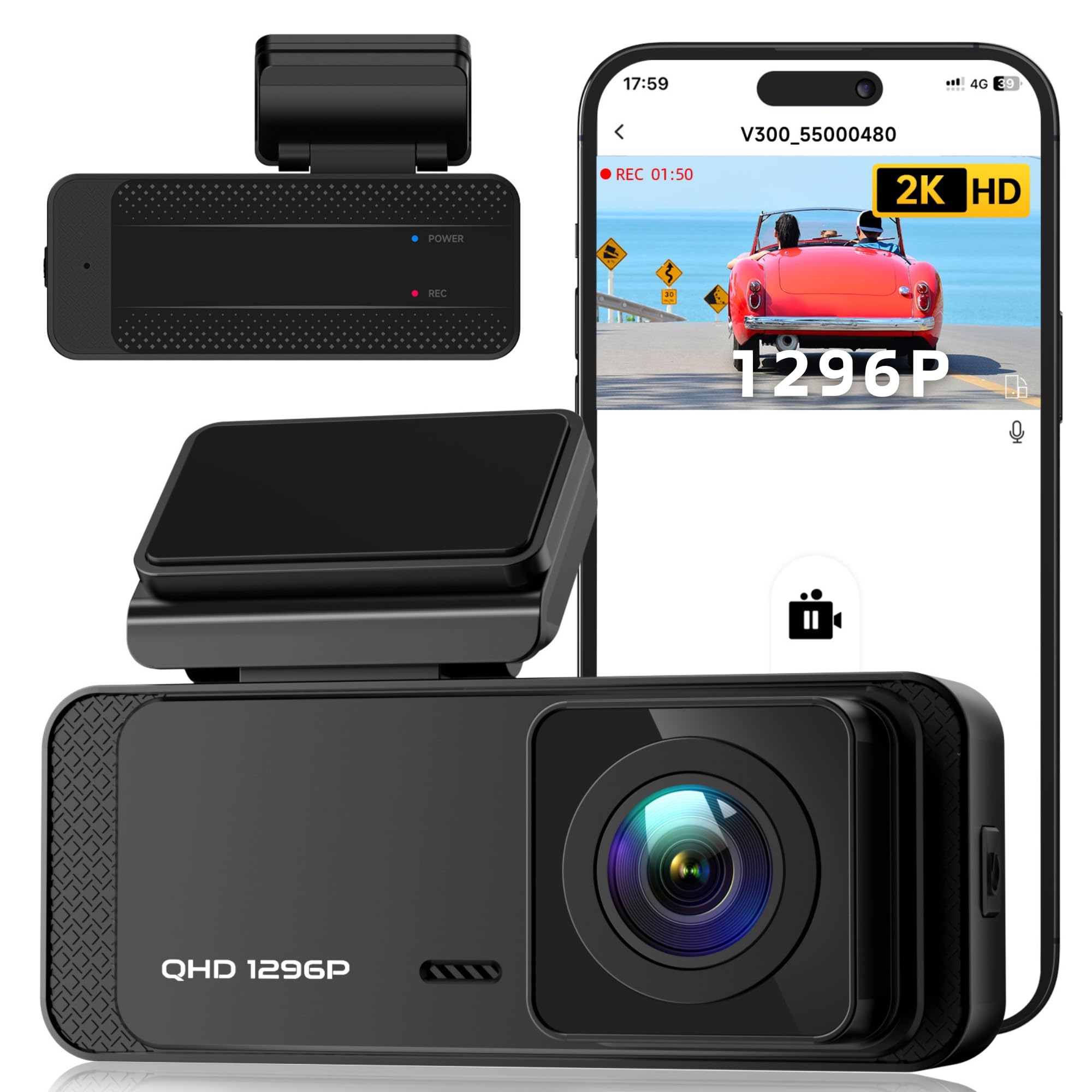 Dash Cam, 1296P Front Dashcam, Veement V300 WiFi Dash Camera for Cars with App, Night Vision, Mini Hidden Single Car Camera, Loop Recording, 24H Parking Mode, Support 256GB Max, Black