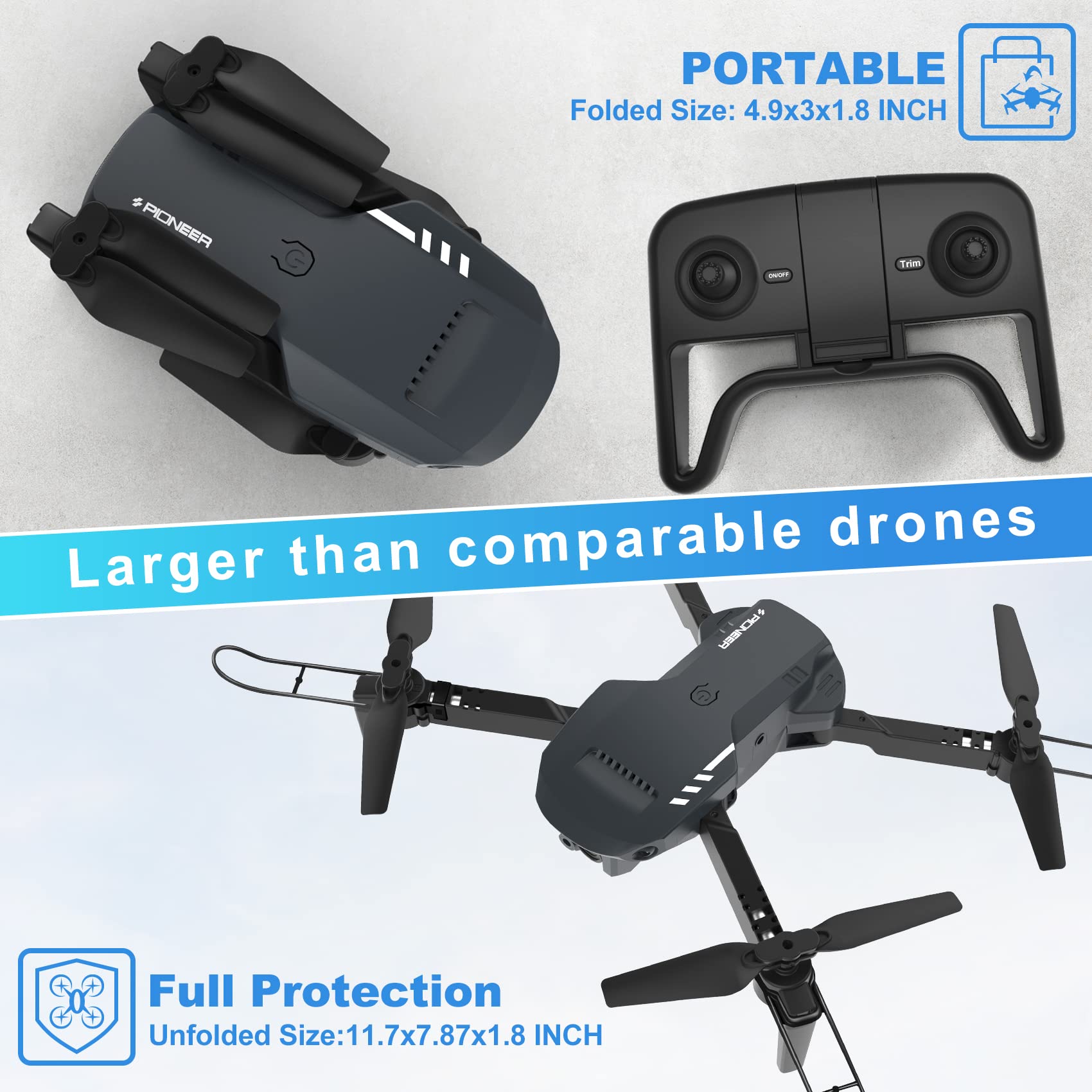 RADCLO Mini Drone with Camera - 1080P HD FPV Foldable Carrying Case, 2 Batteries, 90° Adjustable Lens, One Key Take Off/Land, Altitude Hold, 360° Flip, Toys Gifts for Kids, Adults, beginner