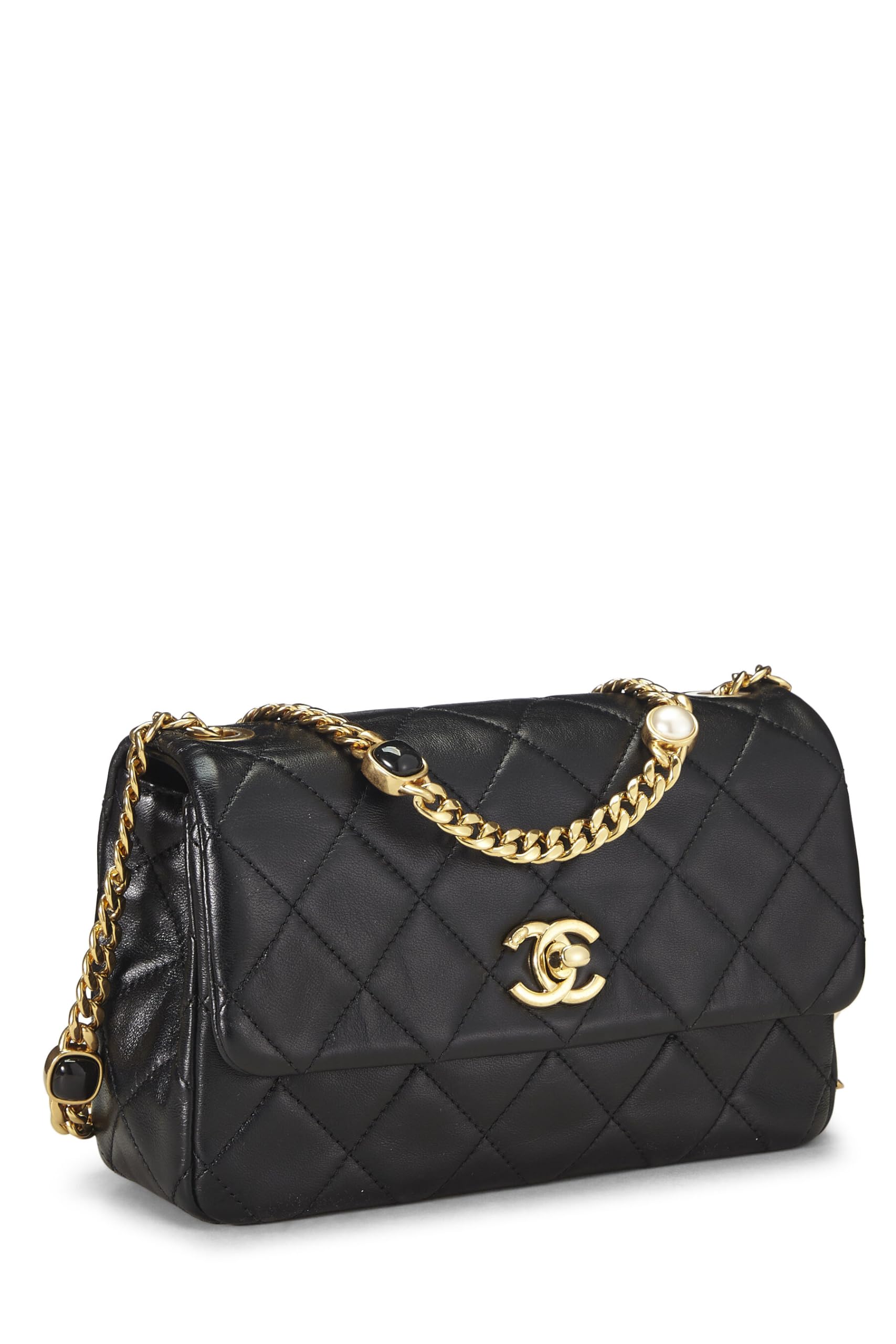 Chanel, Pre-Loved Black Pearl Quilted Lambskin Rectangular Flap Mini, Black