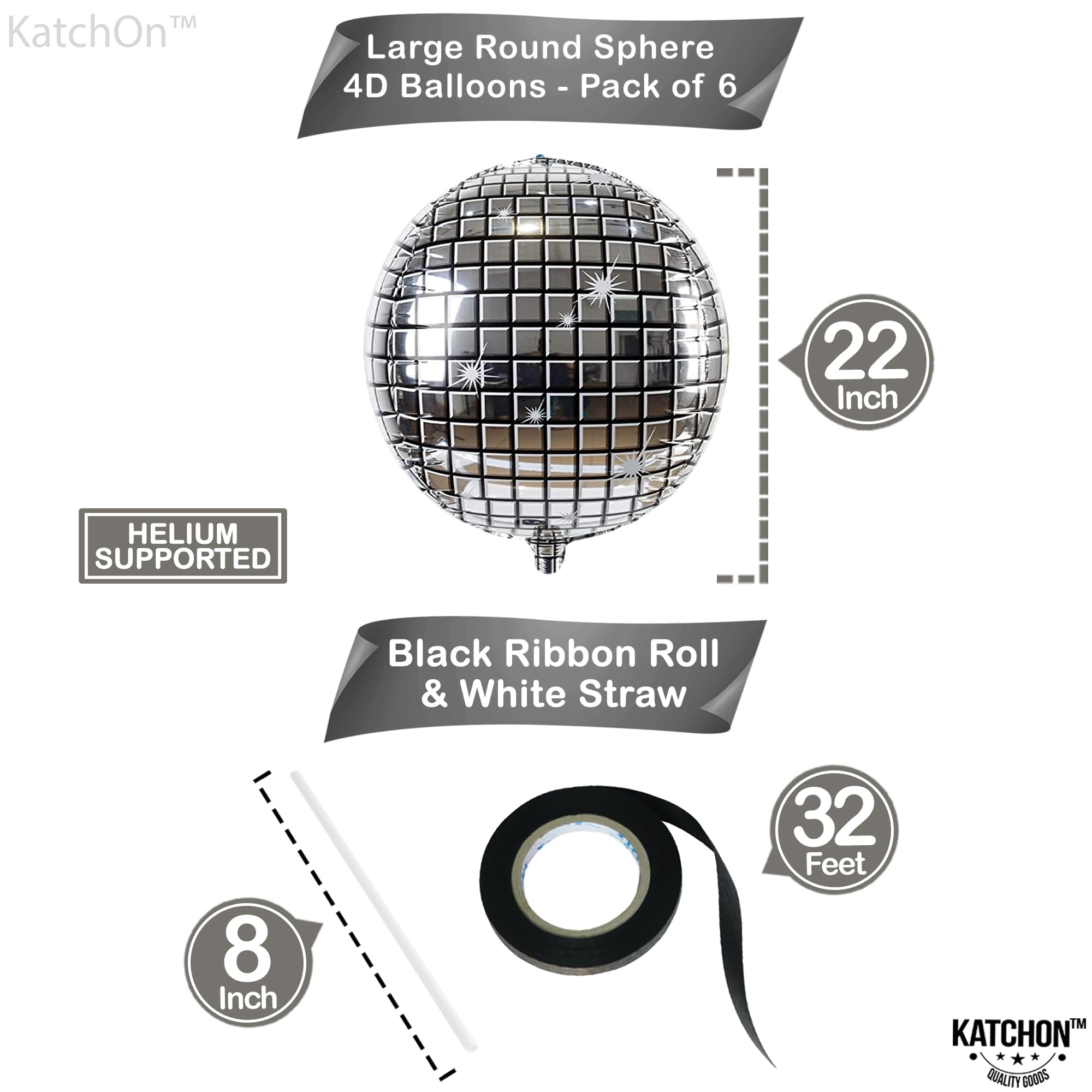 KatchOn, Silver Disco Ball Balloons - Huge 22 Inch, Pack of 6 | 4D Sphere Balloons for Disco Party Decorations | Anniversary, Bachelorette, Birthday, Retro Party Decorations | 70s Party Decoration
