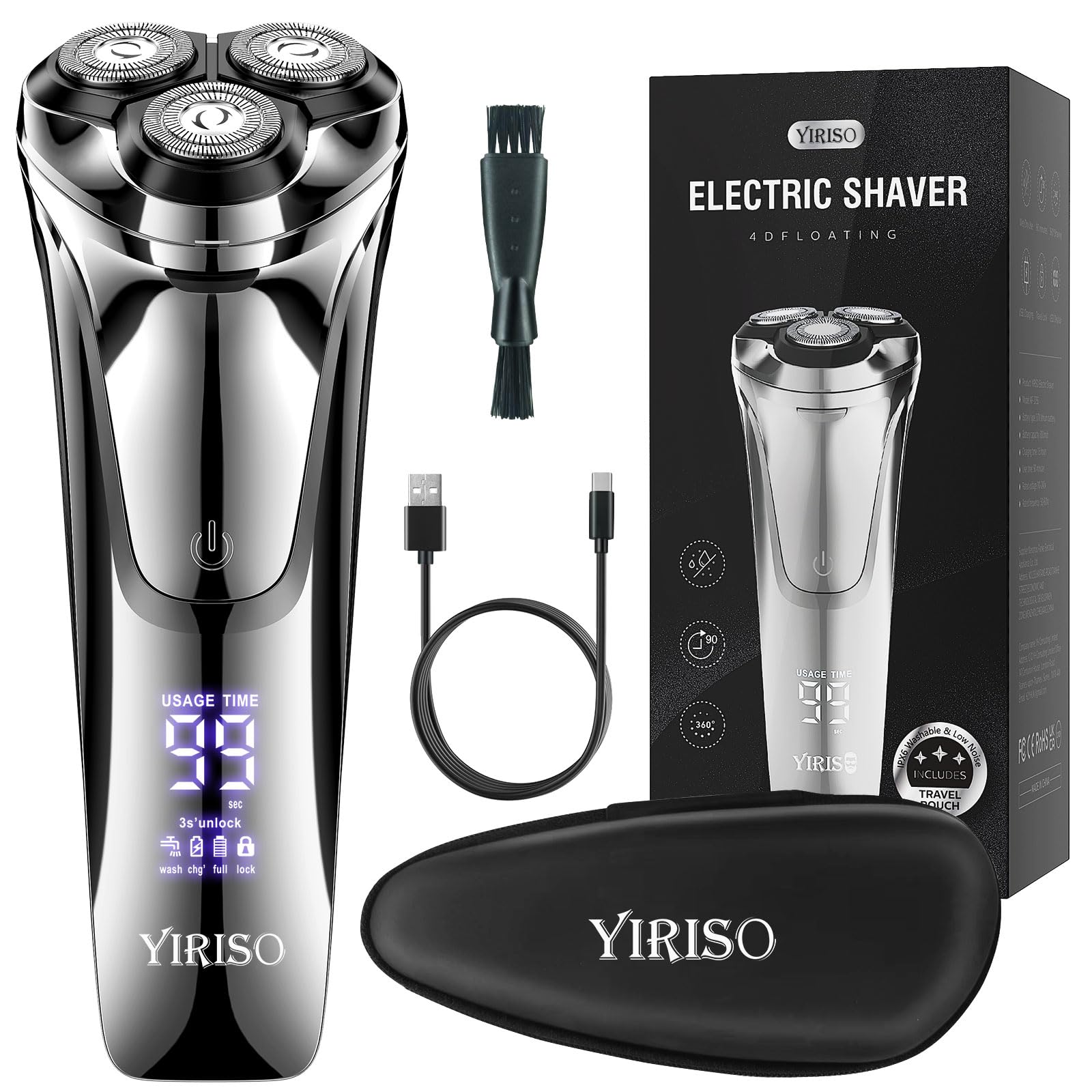 YIRISO Electric Razor for Men, Men’s Electric Shavers, Wet & Dry Shaver with Pop-up Trimmer, USB-C Rechargeable Waterproof Portable Shaver with LCD Display/Travel Organizer/Travel Lock Ideal Men Gift