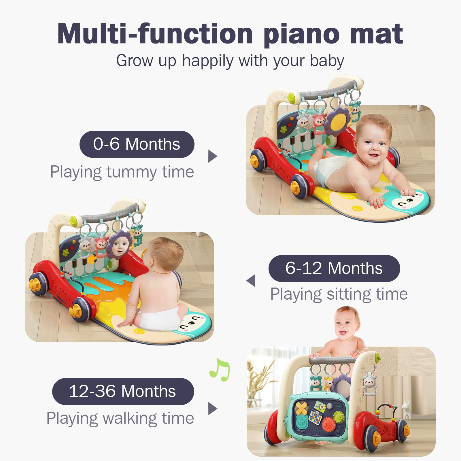 dearlomum 3 in 1 Baby Play Mat Baby Gym, Floor Activity Center and Infant Baby Walker, Play Piano Tummy Time,Boy & Girl Gifts for Newborn Baby Toddler 0 to 3 6 9 12 Months(Red)