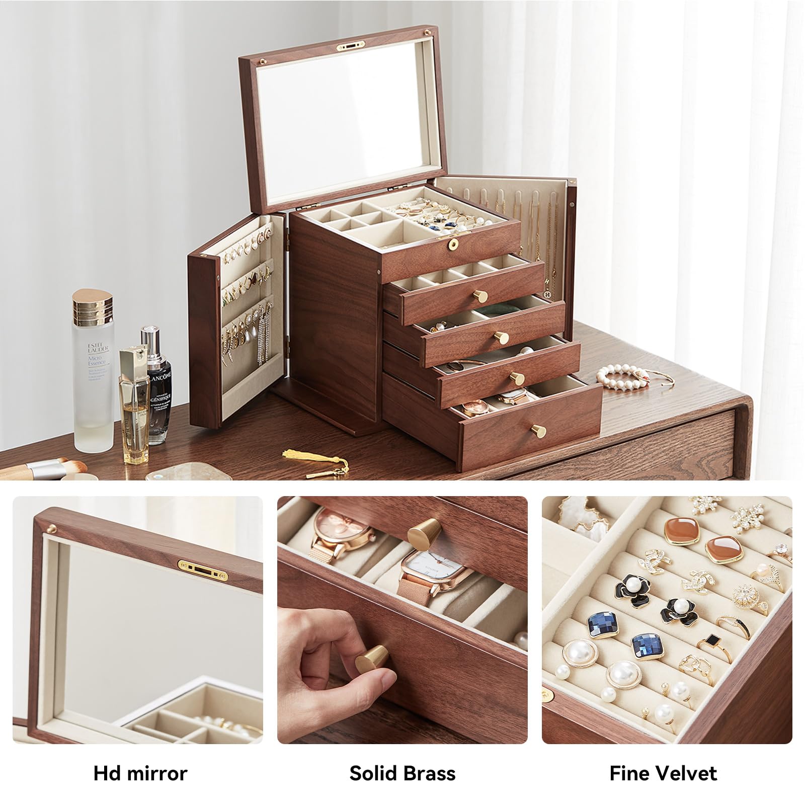 Homruilink Black Walnut Jewelry Box, 5-Layer Solid Wood Jewelry Organizer with 2 Side Doors Mirror Lockable Classical Style for Watch Necklace Ring Earring Mother’s Day Gifts