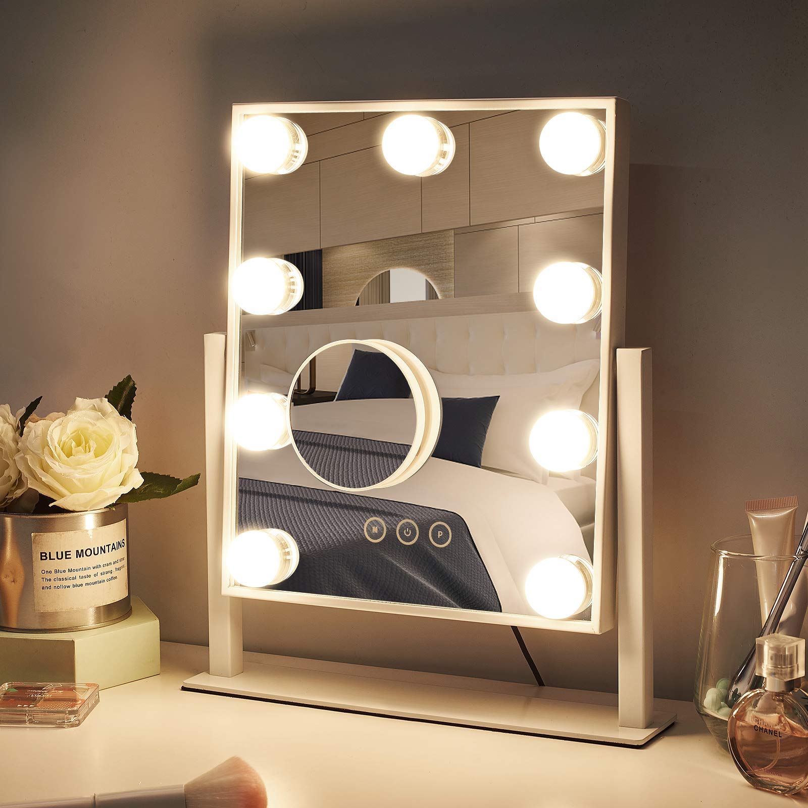 NUSVAN Vanity Mirror with Lights, Makeup Mirror with Lights,3 Color Lighting Modes Detachable 10X Magnification Mirror Touch Control,360°Rotation, White.