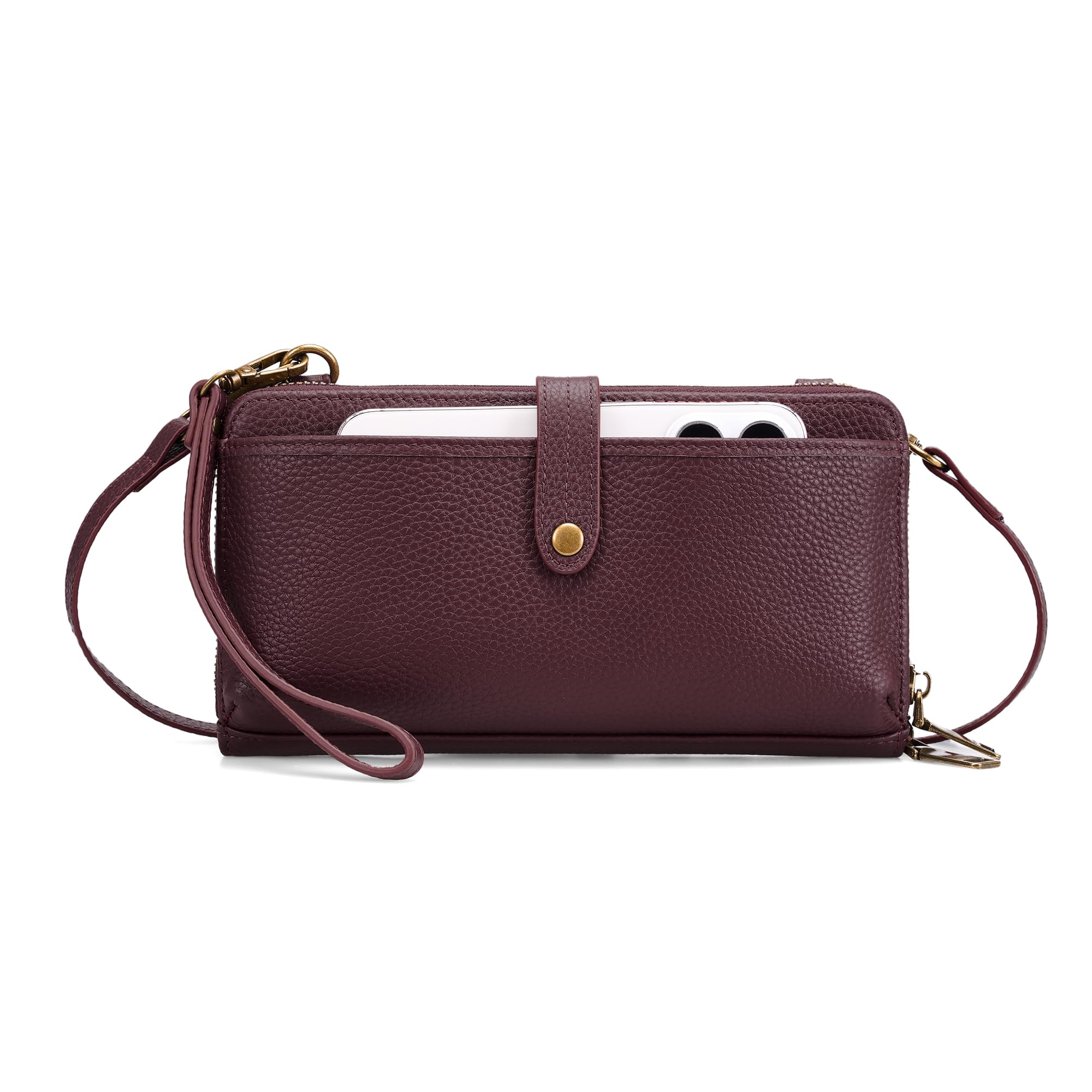 befen Genuine Leather Clutch Purse for Women Burgundy Purse with Built in Wallet RFID Wristlet Wallets Cell Phone Crossbody Travel Soft Real Leather Crossbody Bags Small Wristlet Clutch with 2 Straps