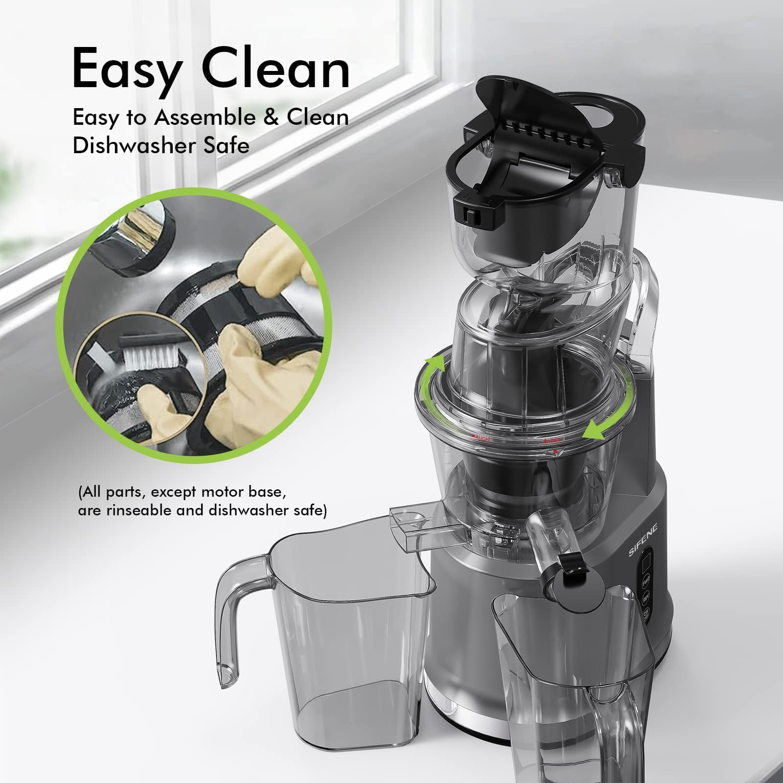 Cold Press Juicer Machine, SiFENE Slow Masticating Juicer, Big Mouth 83mm Opening Ideal for Whole Fruits & Vegetable, Easy-Clean, Quiet Motor (Gray)