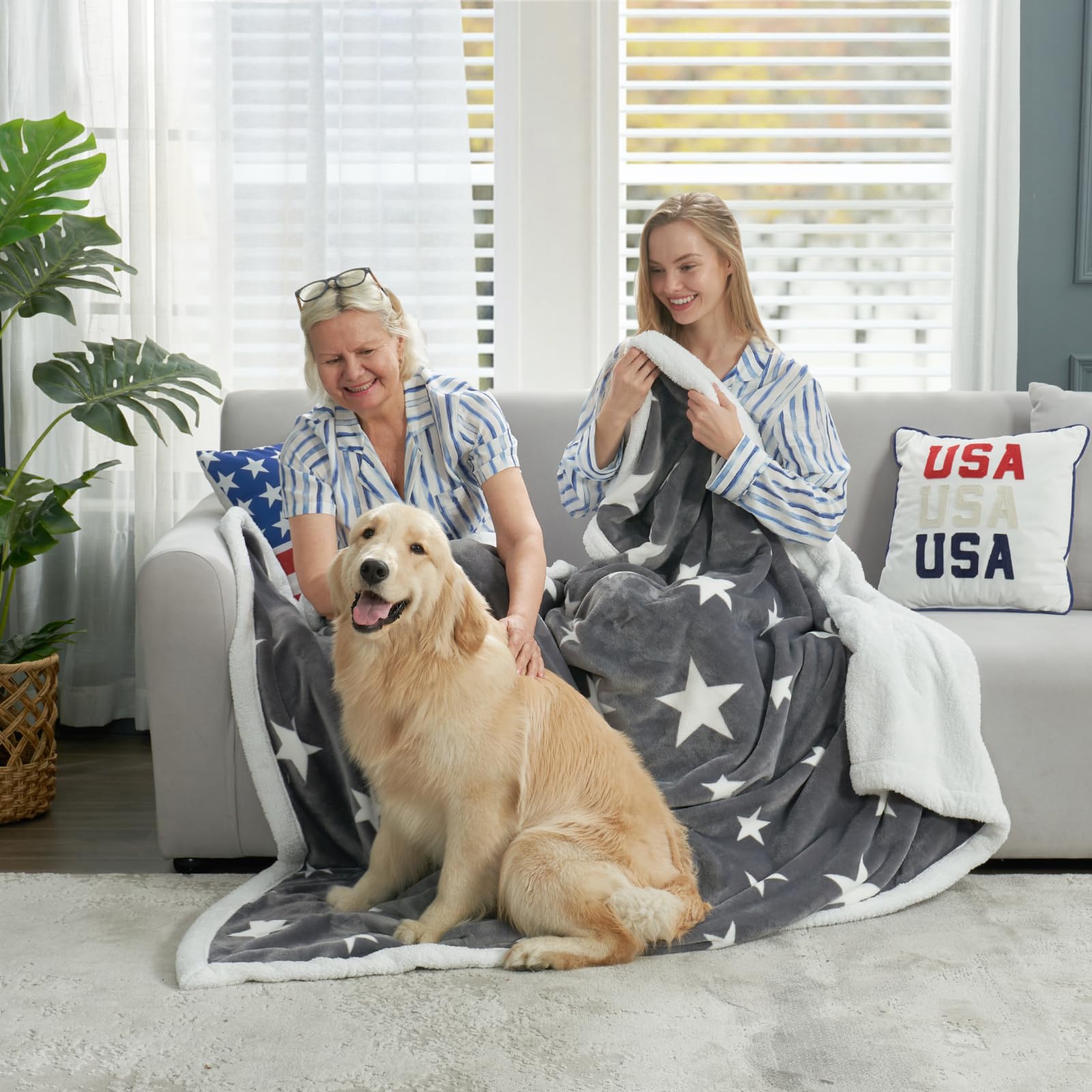 Cozy Bliss Thick Warm Sherpa Fleece Star Blanket, Double Sided Patriotic Throw Blanket Fluffy Soft Fuzzy Thick Blanket for Couch, Bed and Gifts(Light Grey, 50" x 60")