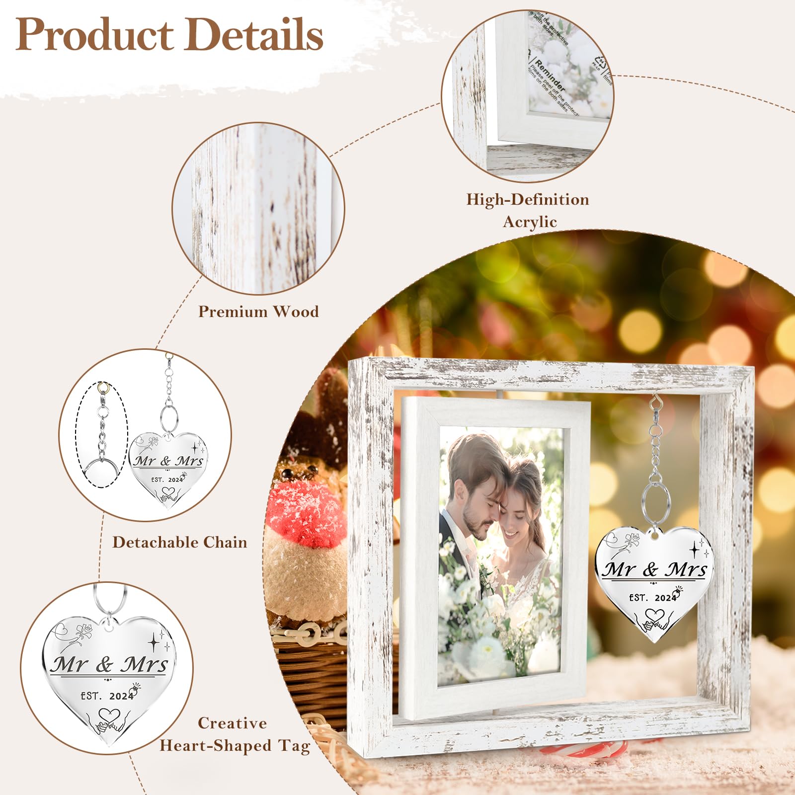 PIKPEOD Wedding Gifts for Couples 2024, Bridal Shower Gifts, Bride gifts, Rotating Wedding Picture Frame 4x6, Engagement Gifts for Couples, Mr and Mrs Gifts, Couple Gifts, Bachelorette Gifts for Bride