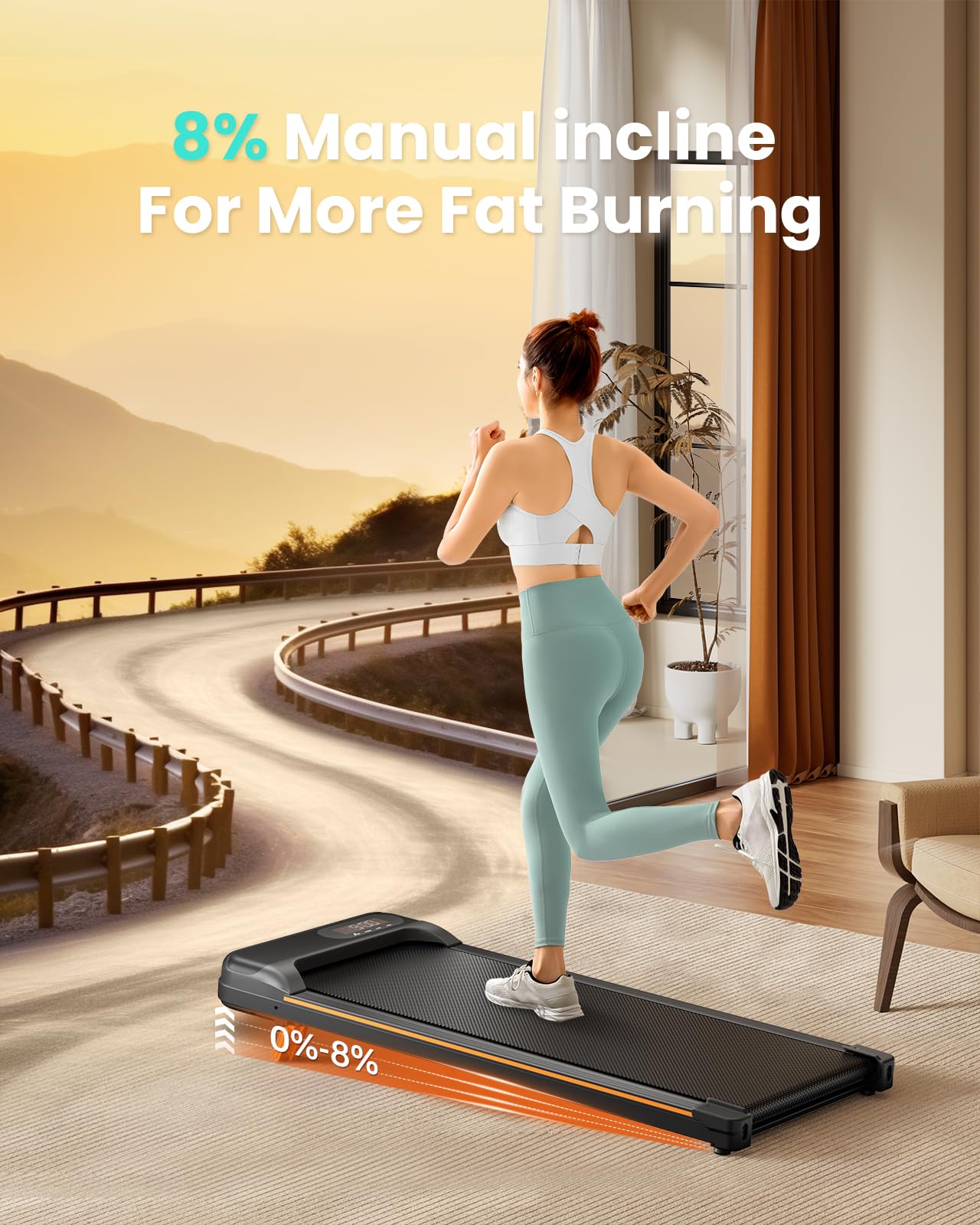 Abonow Portable Walking Machine Pad, Under Desk Treadmill with Incline for Home Office 2.5HP, LED Display, 265 Lbs Weight Capacity with Remote Control, Black Orange