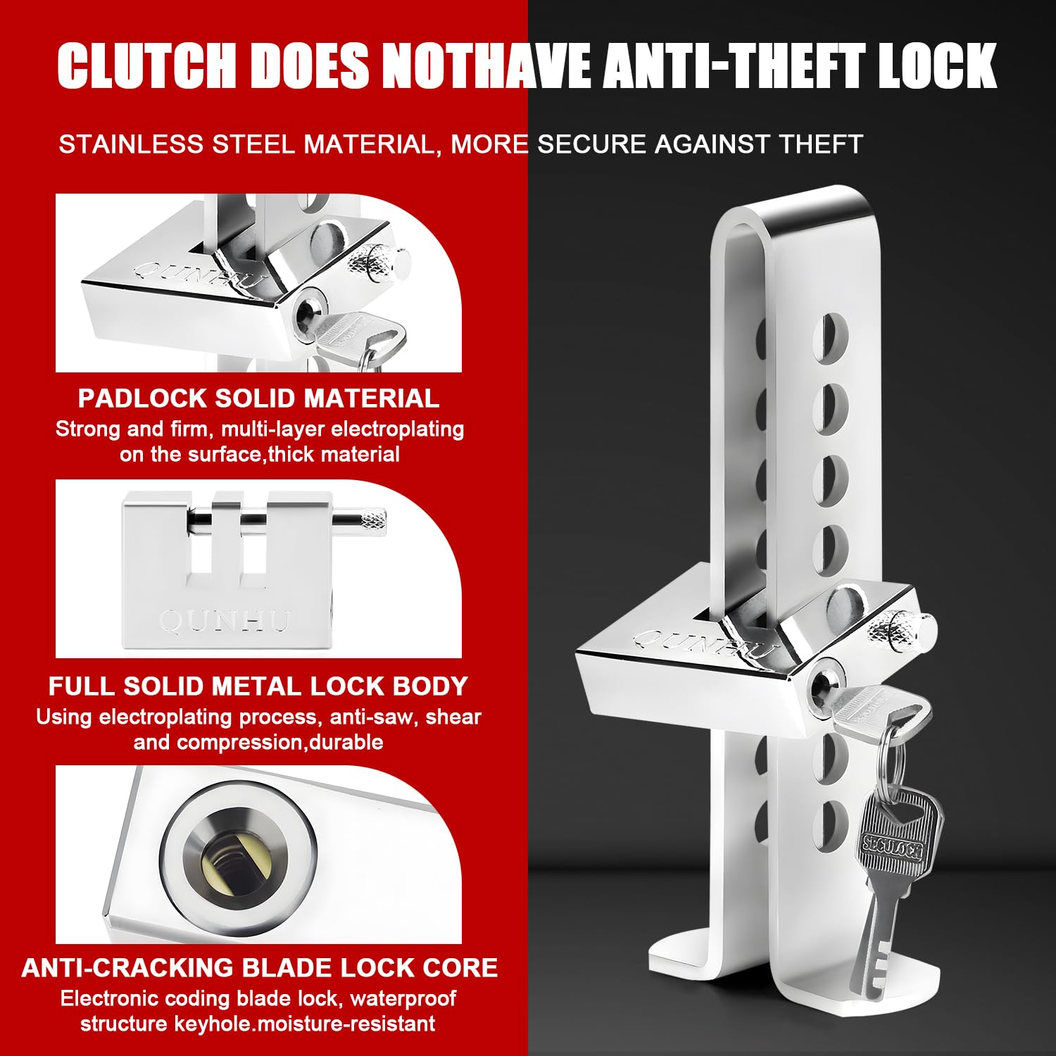 Auto Anti-Theft Car Brake Clutch Lock Safety Tool，Stainless Steel Auto Car Clutch Brake Security Protection Tool,Throttle Pedal Lock with 3 Keys