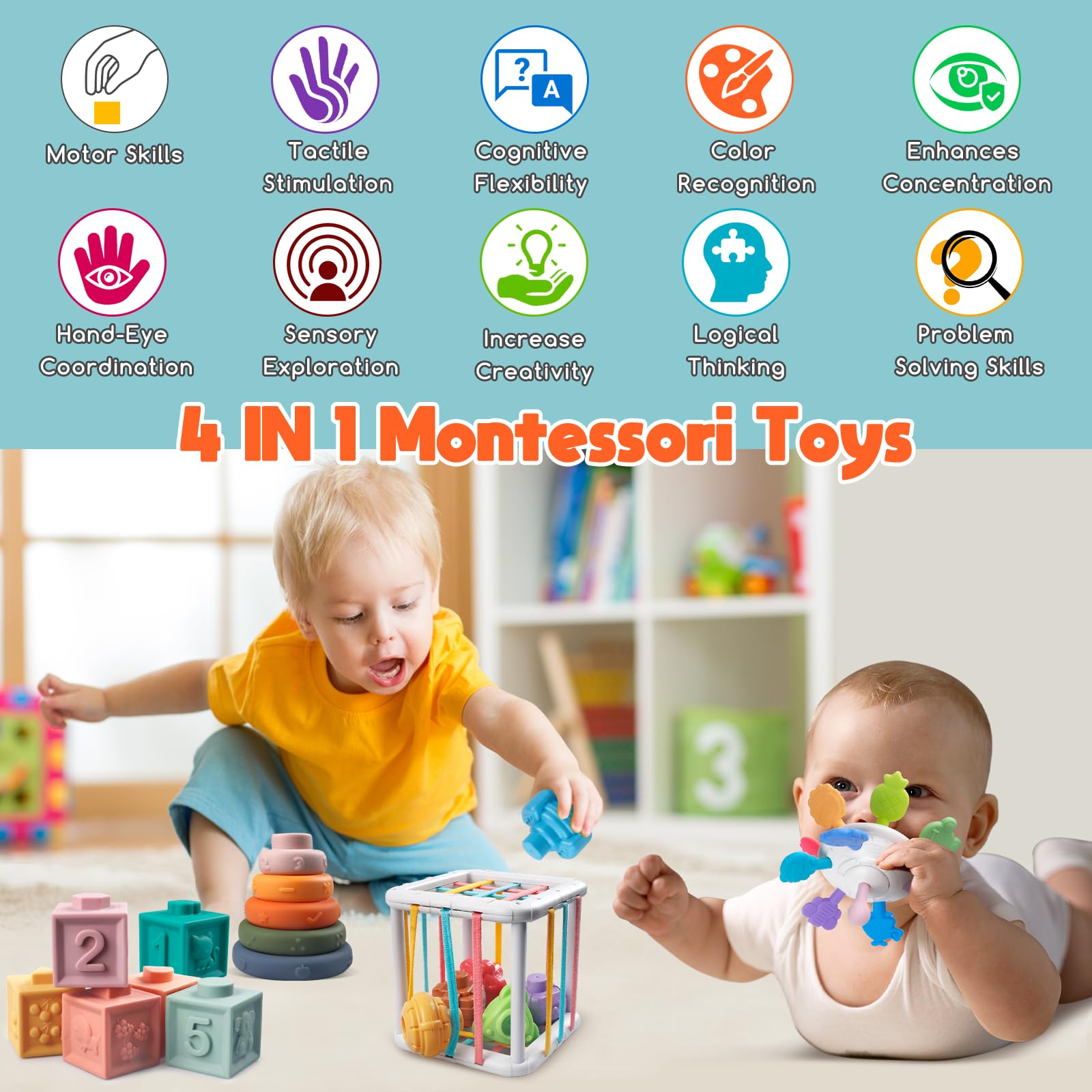 Wuzhineisn Montessori Baby Toys for Ages 6-18 Months - Pull String Teether, Stacking Blocks, Sensory Shapes Storage Bin, Infant Bath Time Fun, 4 in 1 Toddlers Toy Gifts for 1 2 3 Year Old Boys Girls