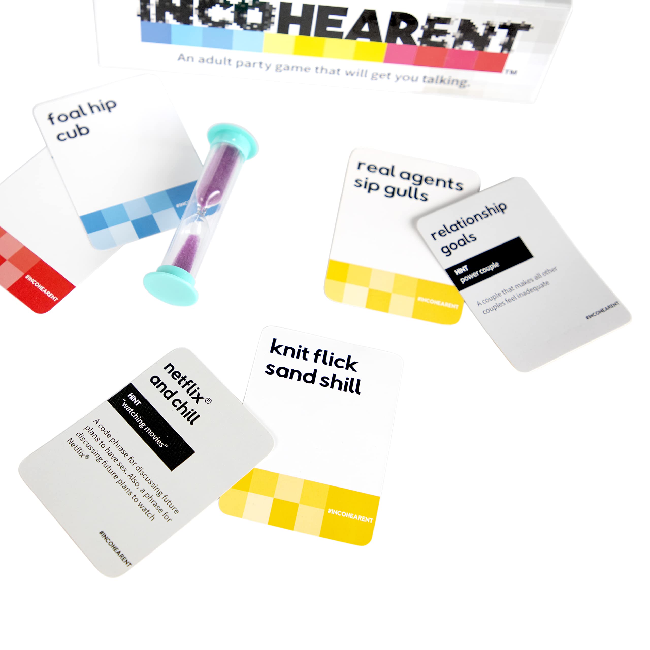 Incohearent, The Guess the Gibberish Party Game by Relatable, A Funny Card Game for Adults, Great for Christmas Party Games and Hanukkah Gifts, Includes 400 Cards, Instructions, and 1 Sand Timer