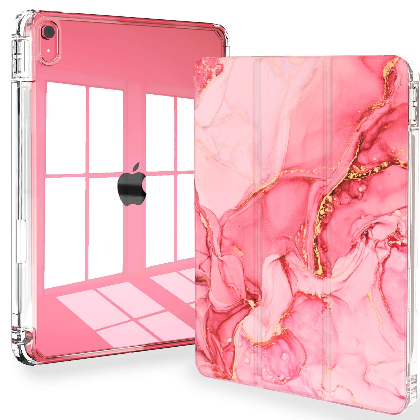 Feams Slim Lightweight Trifold Case for 10.9-inch iPad 10th Generation 2022 - Clear Back Cover with Pencil Holder and Auto Sleep/Wake - Pink Marble