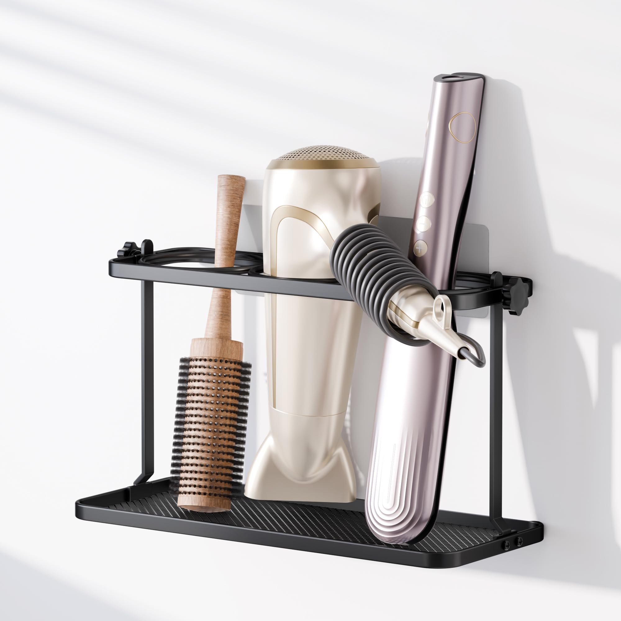Josmimic Adjustable Height Hair Tool Organizer Holder - Adhesive Wall Mounted for Blow Dryer, Curling Iron, Straightener - Multi-Position Bathroom Storage (Black)