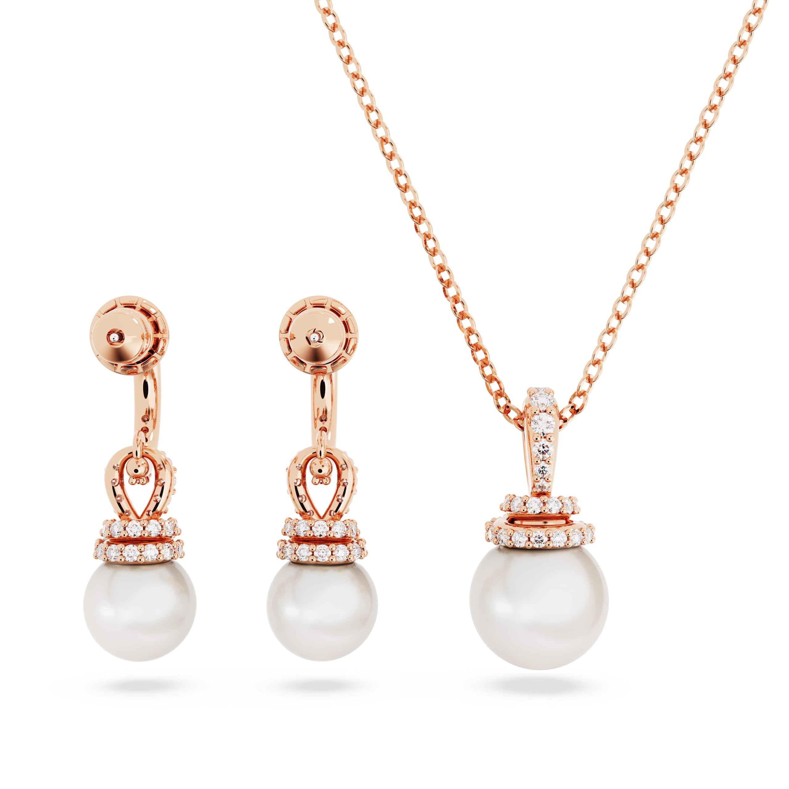 Swarovski Originally Earring and Necklace Set, Clear Stones and Pearls in a Rose Gold-Tone Finished Setting, Part of the Originally Collection
