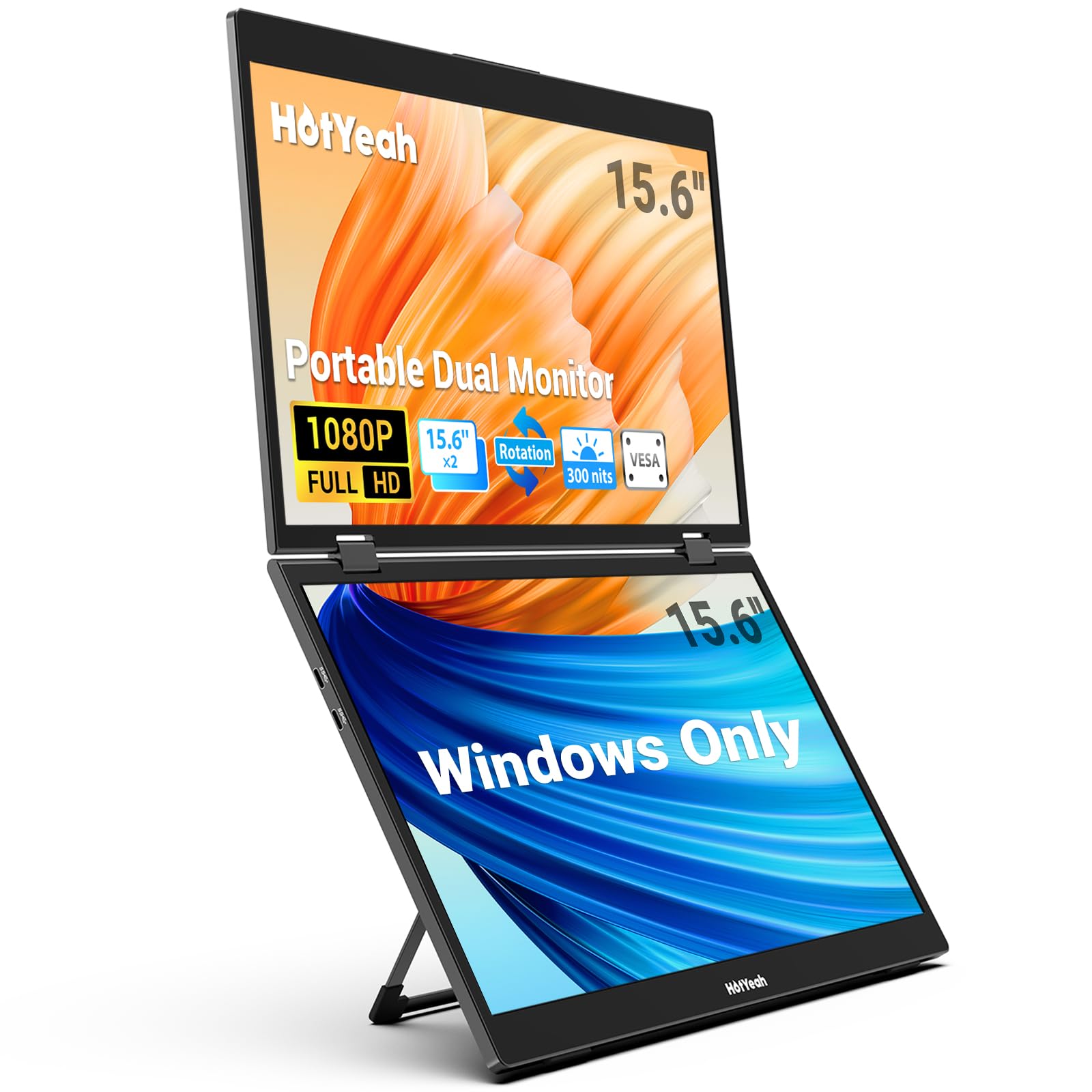 HotYeah Triple Laptop Screen Extender, 15.6" 1080P FHD IPS Folding Stacked Portable Dual Monitor, USB C Travel Extended Computer Display w/VESA, 180°Rotation, Plug & Play for Laptops (Windows Only)