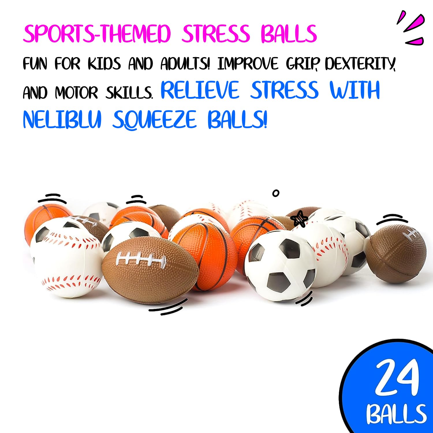 Set of 24 Sports 2.5" Stress Balls - Includes Soccer Ball, Basketball, Football, Baseball Squeeze Balls for Stress Relief, Party Favors, Ball Games and Prizes, Stocking Stuffers - Bulk 2 Dozen Balls