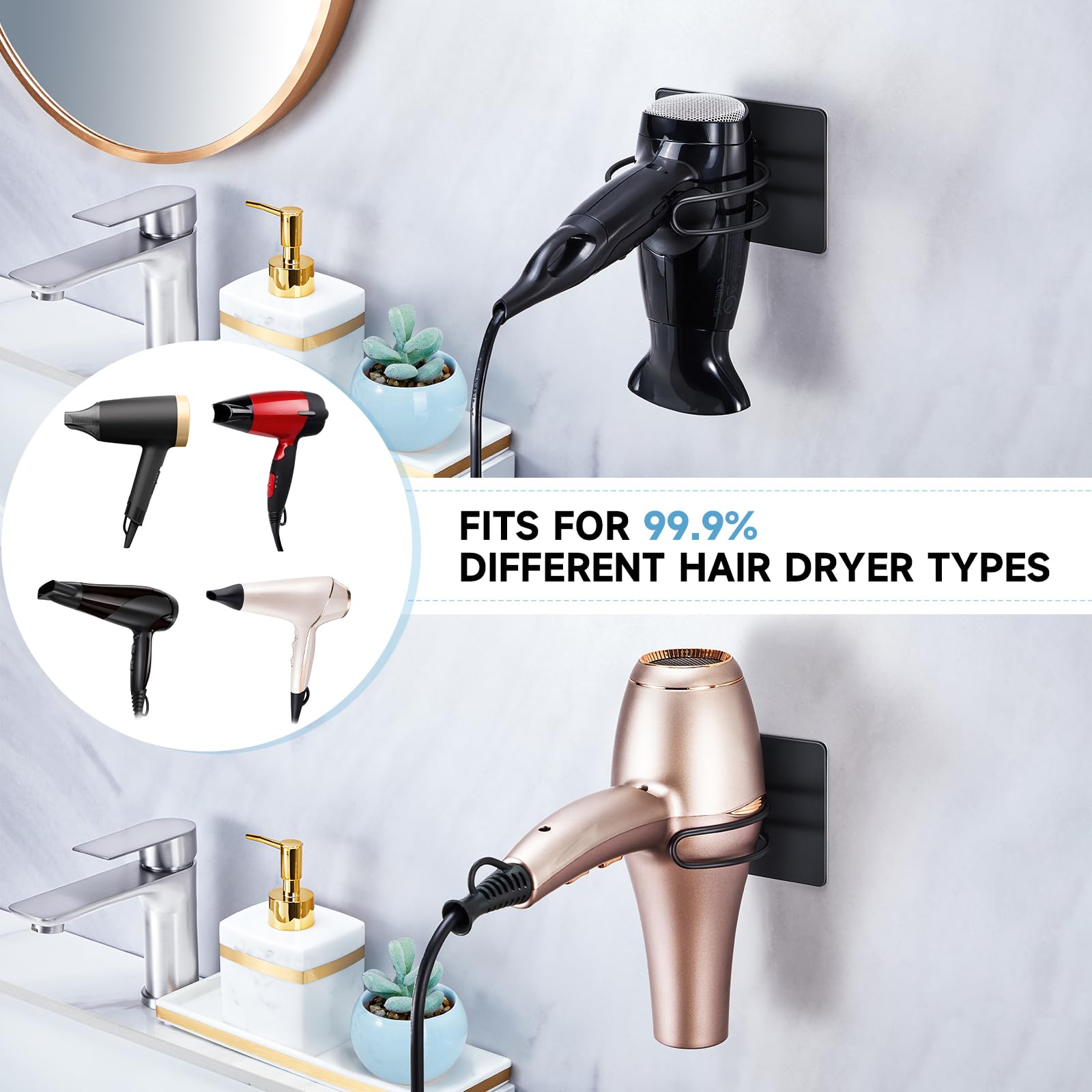 LOXSUN Hair Dryer Holder Wall Mounted, Hairdryer Holder for Bathroom, Blow Dryer Holder, Hair Tool Organizer for Hair Dryer Hanger Storage, Adhesive Blow Dryer Organizer (Black)