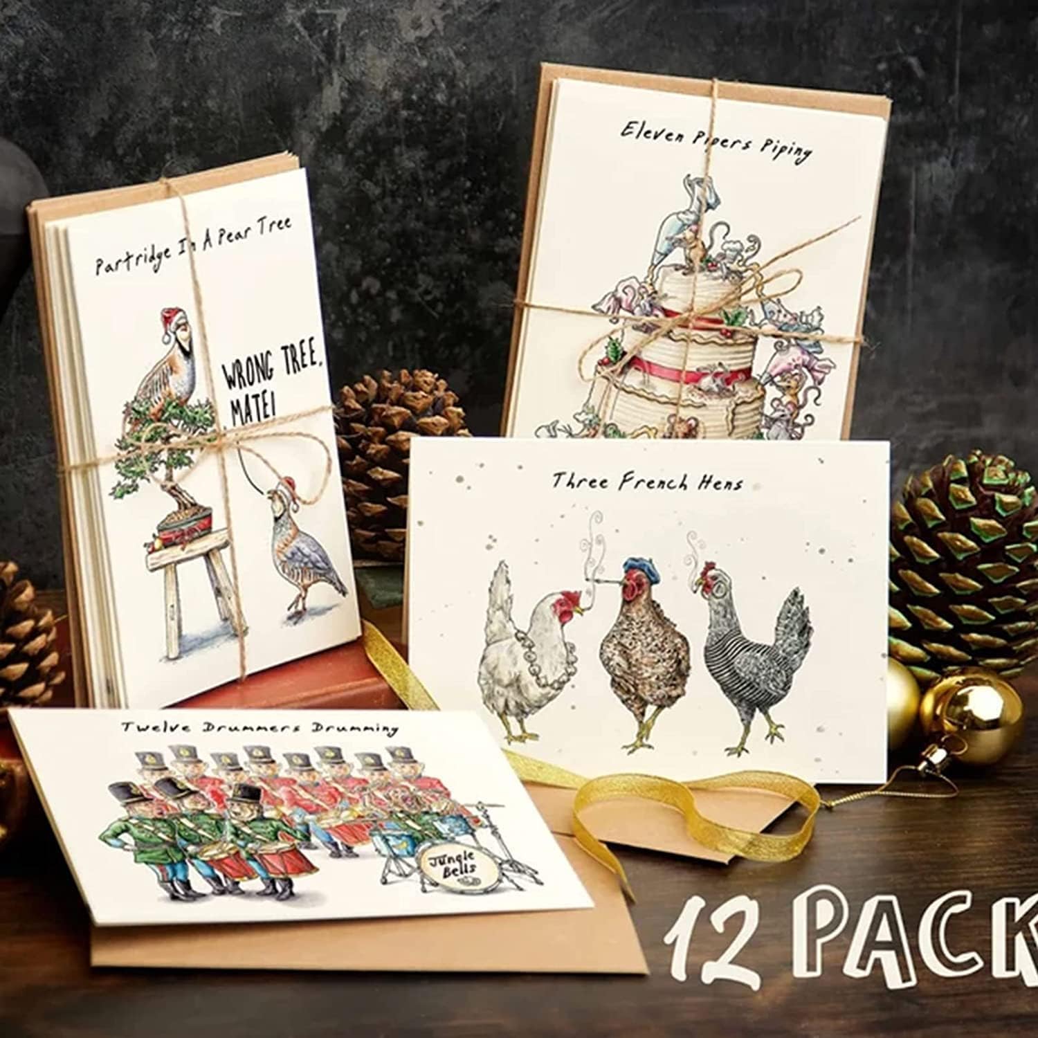 SWAGGIFT Twelve Days of Christmas Card Set,12 Pcs Quirky Funny Christmas Cards Card with Your Custom Message and Envelopes, Christmas Countdown Gift Card Set