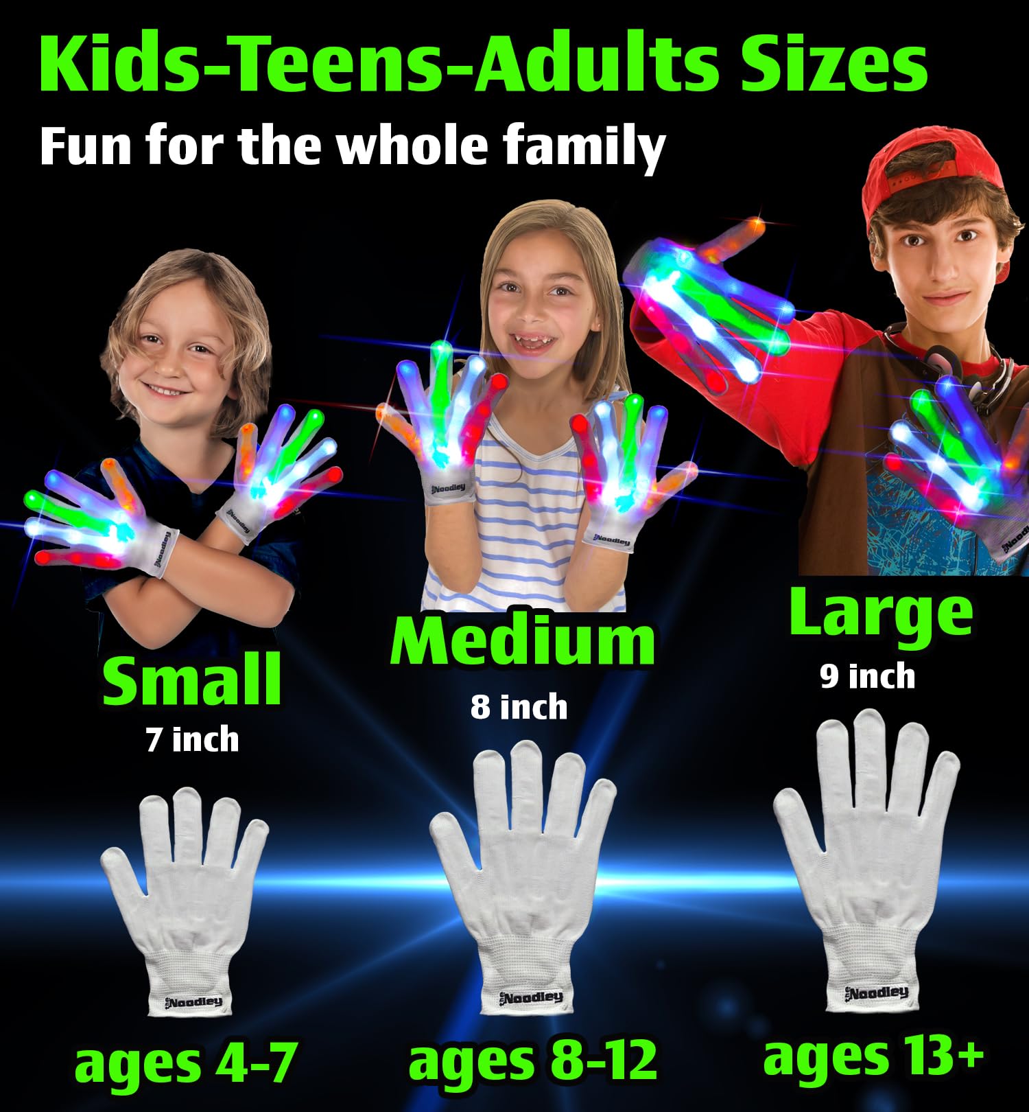 The Noodley Teen LED Gloves Flashing Light Up Glove Teens and Adult Size Rave Party Glow Fingers Family Chirstmas Fun (Large, Ages 13 up)