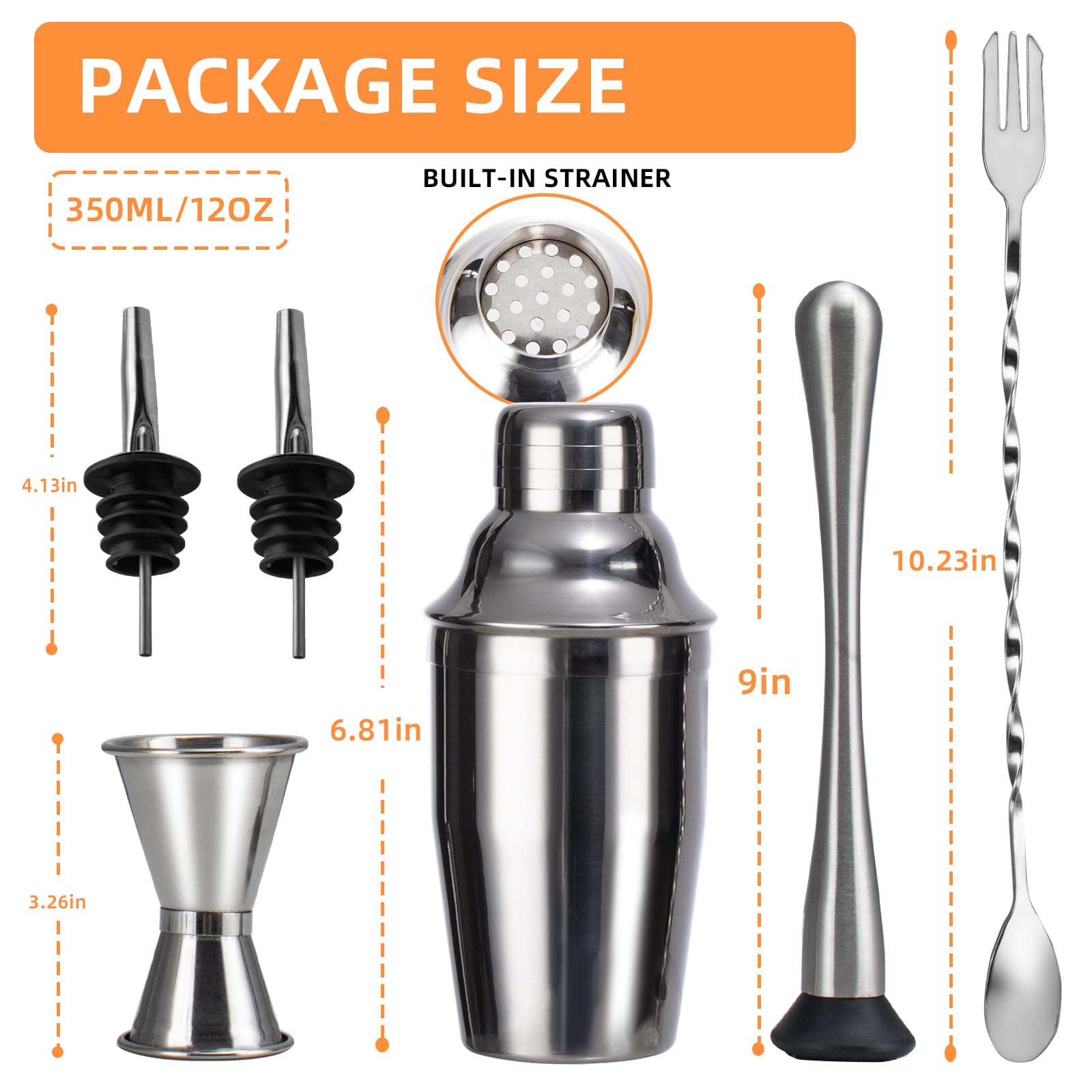 WELKOR 6 Piece 12oz Professional Cocktail Shaker Set with Built-in Strainer,Martini and Margarita Shaker for Home Bar, Boston Bartending Kit Gift for Beginners (350ml/12oz)