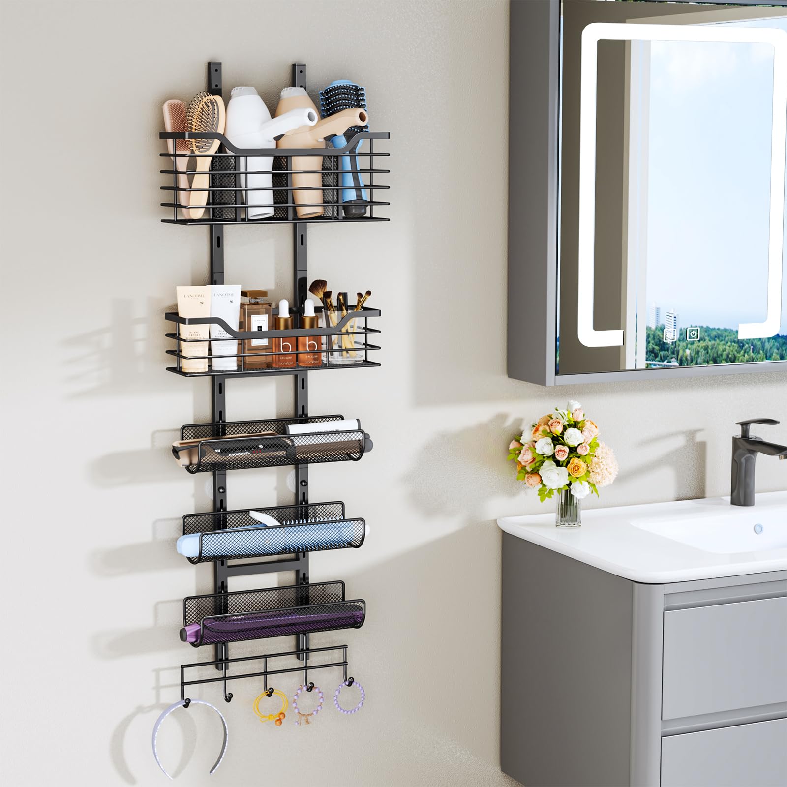 Consmest 6-Tier Hair Tool Organizer - Hair Dryer Holder Over The Door/Wall Mounted DIY Adjustable Shelf Bathroom Door Organizer with Hook for Curling Iron/Blow Dryer/Straightener Black