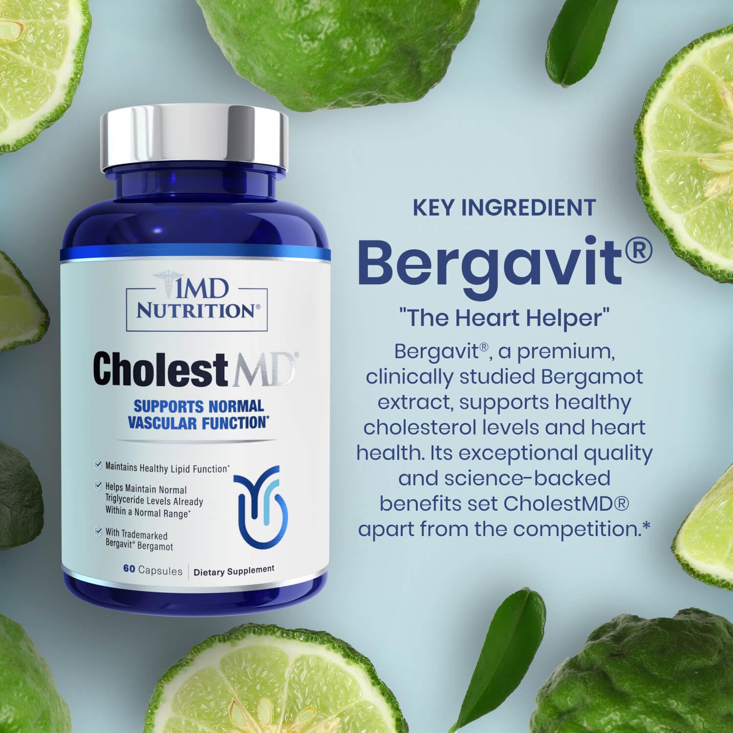 1MD Nutrition CholestMD with Olive Leaf Extract, Bergavit, Niacin, Garlic | 60 Capsules