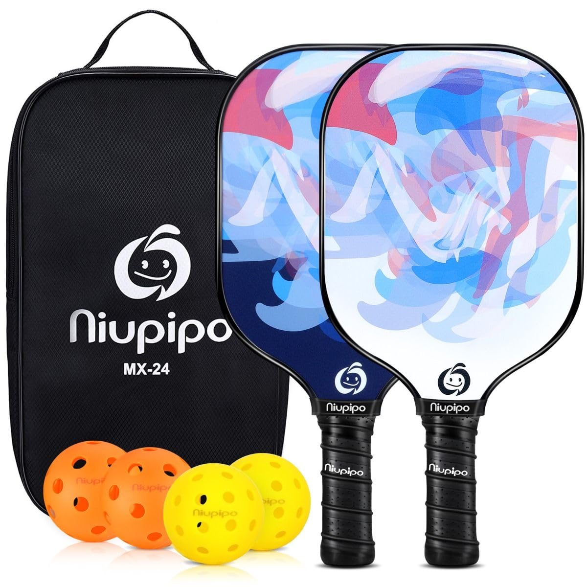 niupipo Pickleball Paddles, Pickleball Paddles Set of 2, Fiberglass Surface, Polypropylene Honeycomb Core, Cushion Grip, Lightweight Pickleball, Portable Carry Bag, White