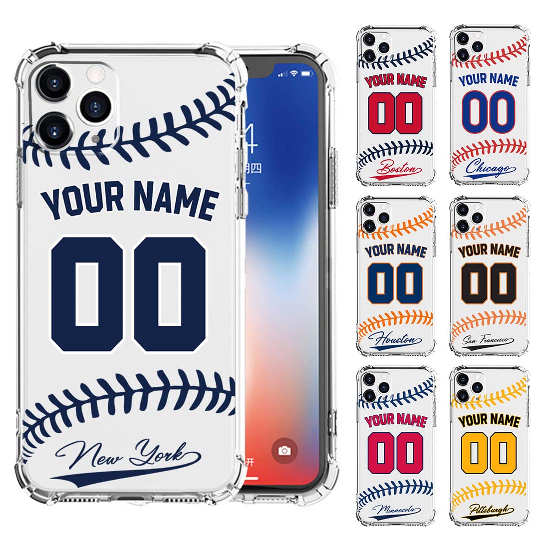 BOSTEPY Custom Baseball Team Name & Number Case for iPhone 16 15 14 13 12 11 Pro Max Mini Xr Xs X 7 8 Plus SE 6s 6,Personalized Baseball Team Protective Customized Transparent Phone Case Cover