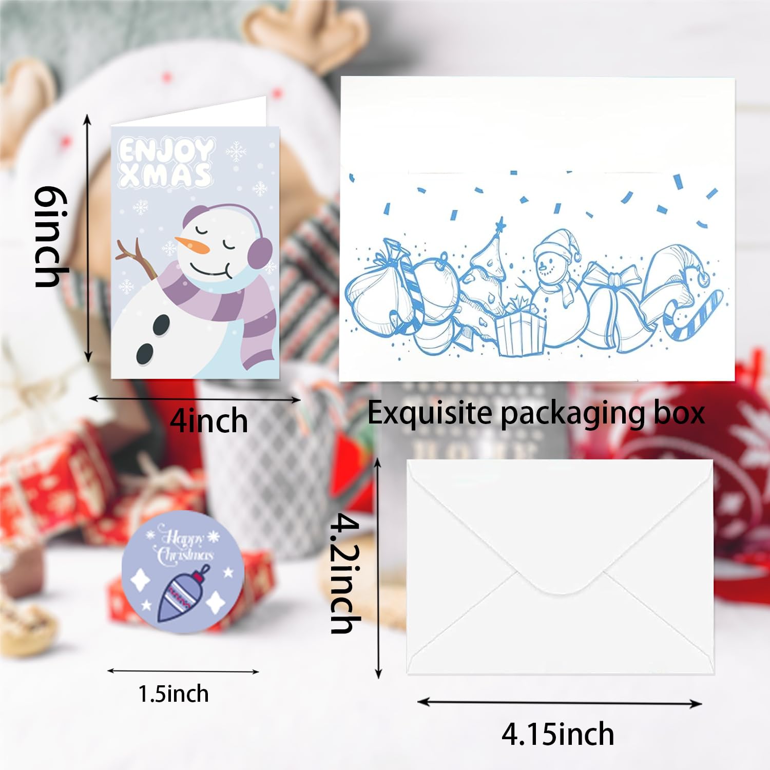 QINGRUIGO 24 Pack Snowman Christmas Cards with Envelopes & Stickers - 6 Designs with Printed Message Christmas Holiday Cards, 4x6in Snowman Christmas Card, Boxed Christmas Cards