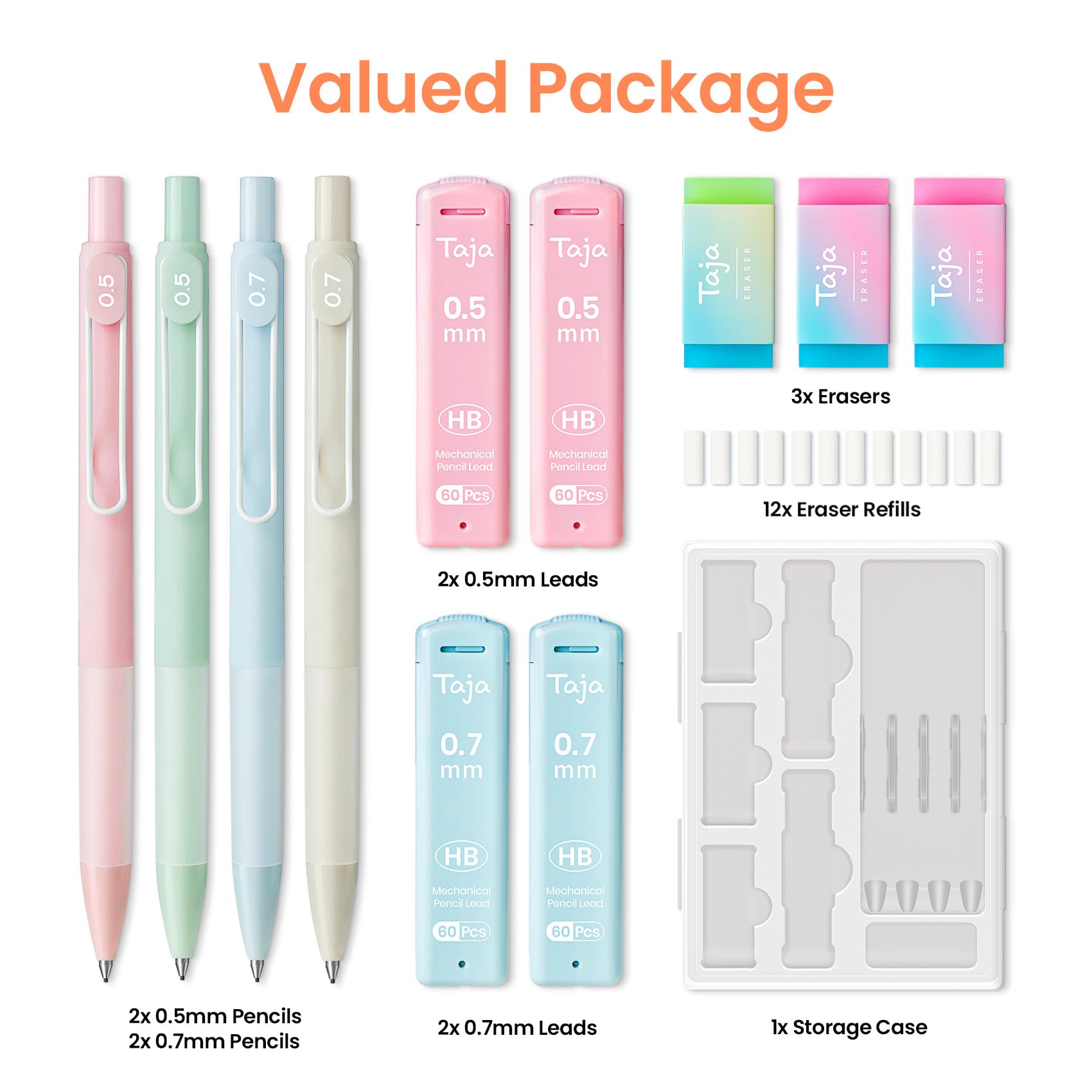 Cute Mechanical Pencil Set, 4 Pcs Pastel Mechanical Pencils 0.7 & 0.5mm with 4 Tube Leads 3 Erases & 12 Eraser Refills, Aesthetic pencils for Girl Boy, Back to School Supplies-Pastel