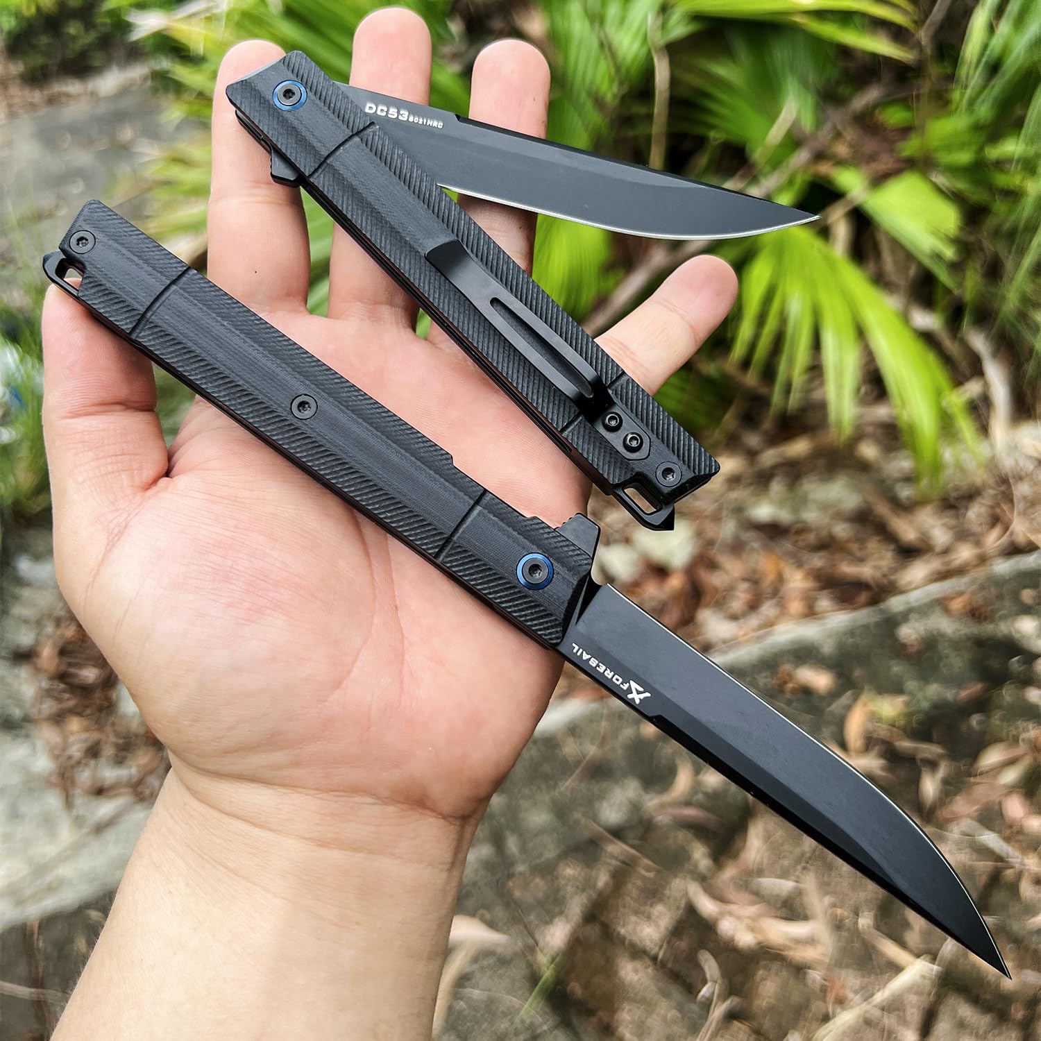 FORESAIL Flipper Pocket Folding Knife,DC53 Steel Blade and G10 Handle. With pocket clip and glass breaker,men's pocket knife hiking trip EDC tool Knife (Black PVD Blade-D)