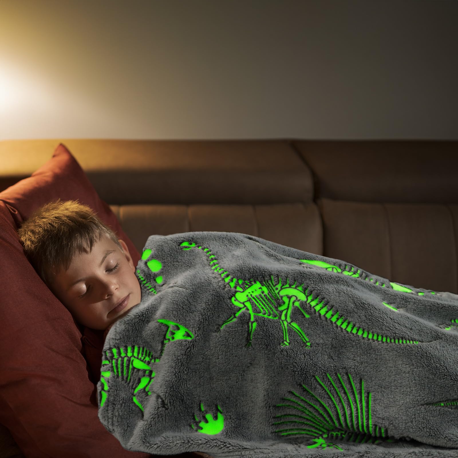 Glow in The Dark Blanket Dinosaur Throw Blanket for Boys Kids Soft Warm Cozy Cute Dino Blanket Unique Dinosaur Toys Gifts Gray Glowing Dinosaur Room Decor Blankets for Girls Teens 50"x60"