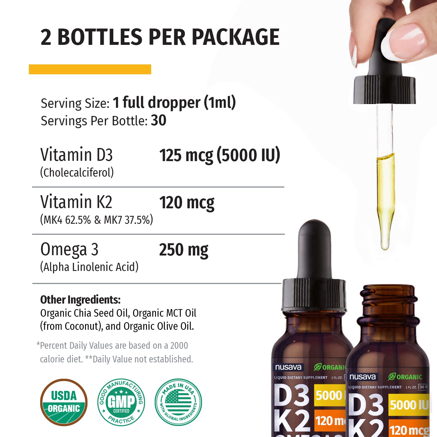 NUSAVA Unflavored, Strawberry Flavored, & Vanilla Flavored D3 K2 Liquid Drops Bundle - Potent Liquid Vitamins for Heart, Joint, Bone, Muscle, & Immune Support - Non-GMO, Gluten-Free, 2pk Each