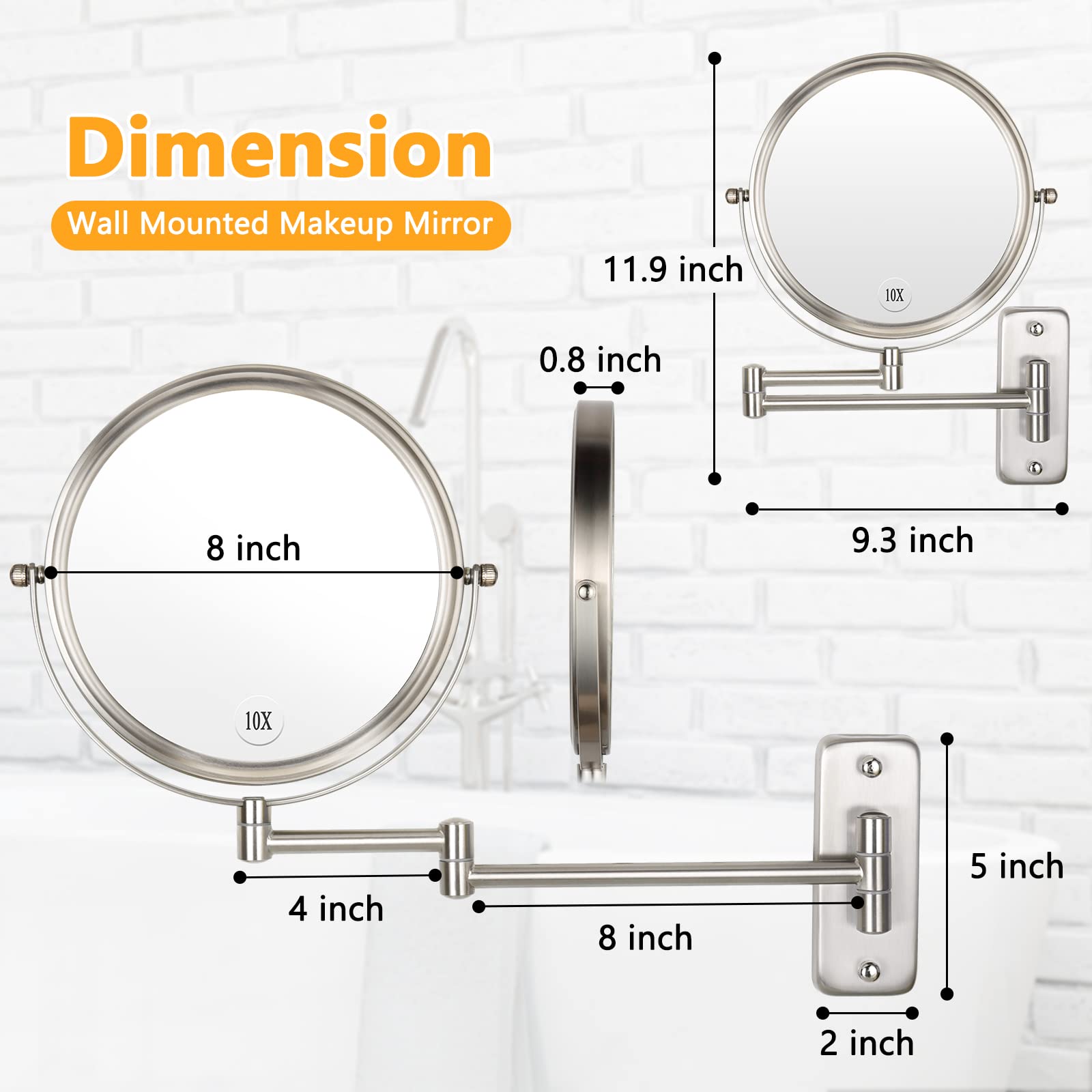 Wall Mounted Makeup Mirror - 10x Magnification 8'' Two-Sided Swivel Extendable Bathroom Mirror Nickel Finish