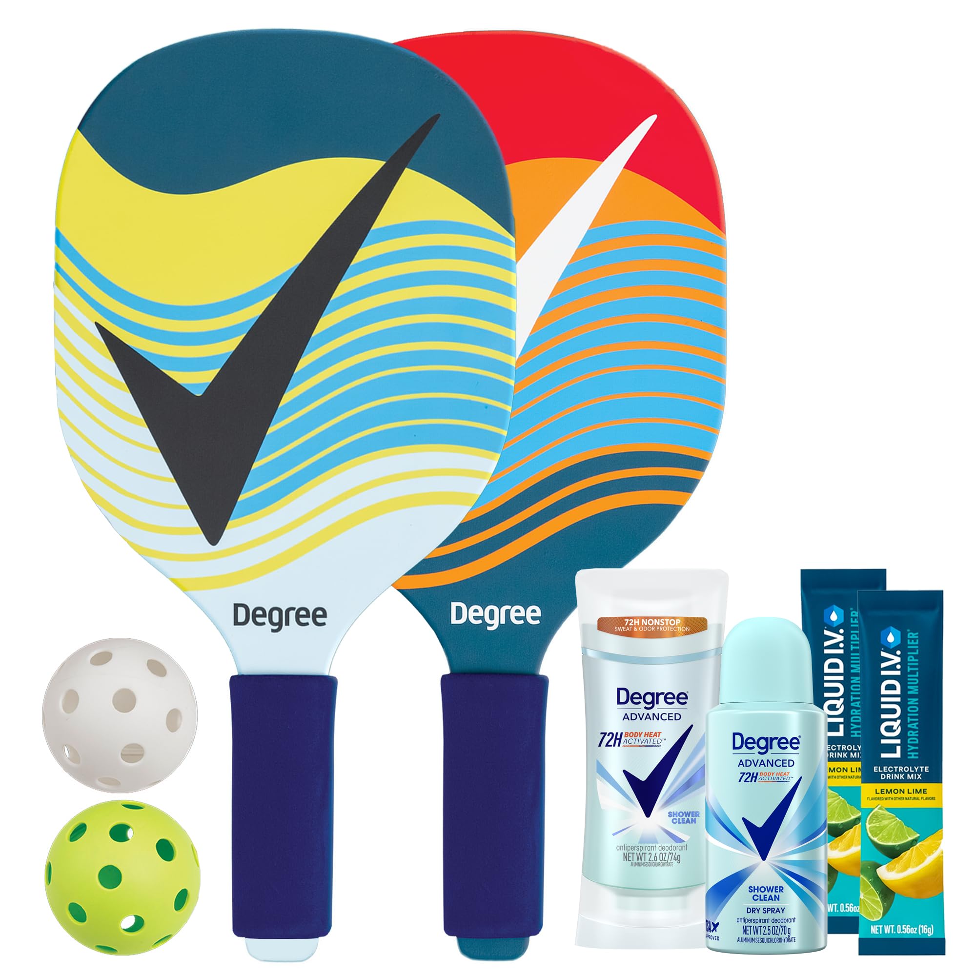 Degree Pickleball Set, Gifts for Women – Women’s Shower Clean Antiperspirant Deodorant & Dry Spray, Liquid IV Hydration 2-Pack + Pickleball Paddles and Balls (6 Piece Set)