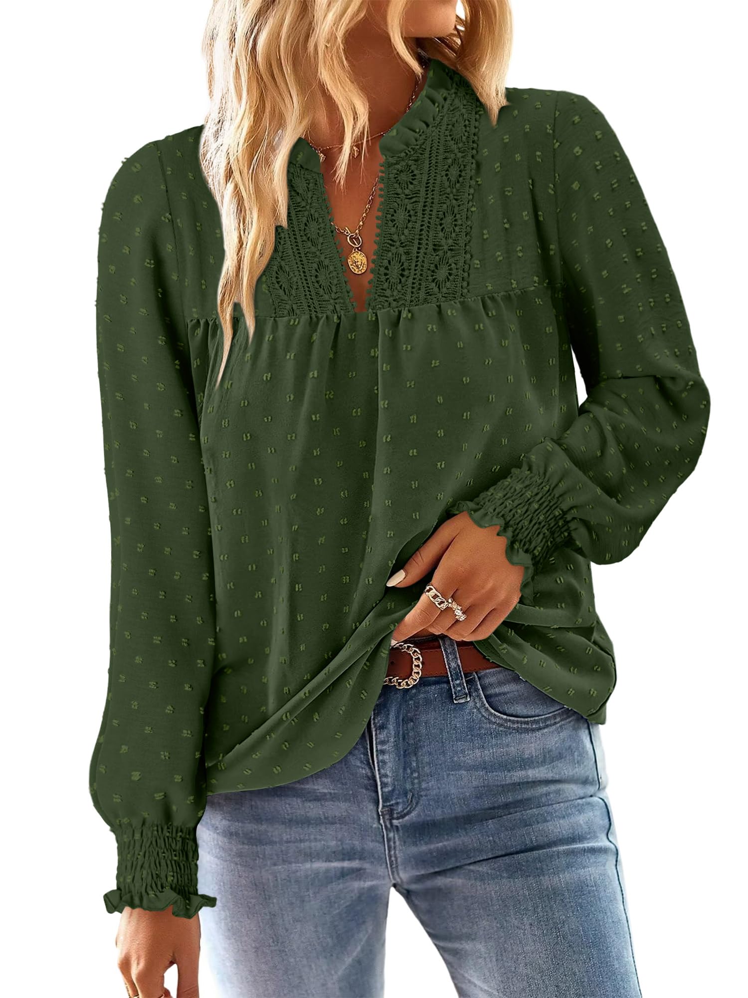 BETTE BOUTIK Flowy Boho Tops Womens Long Sleeve Fall Cute Dressy Casual Shirts Loose Chic Winter V Neck Lace Western Work Swiss Dot Blouses Blackish Green XL