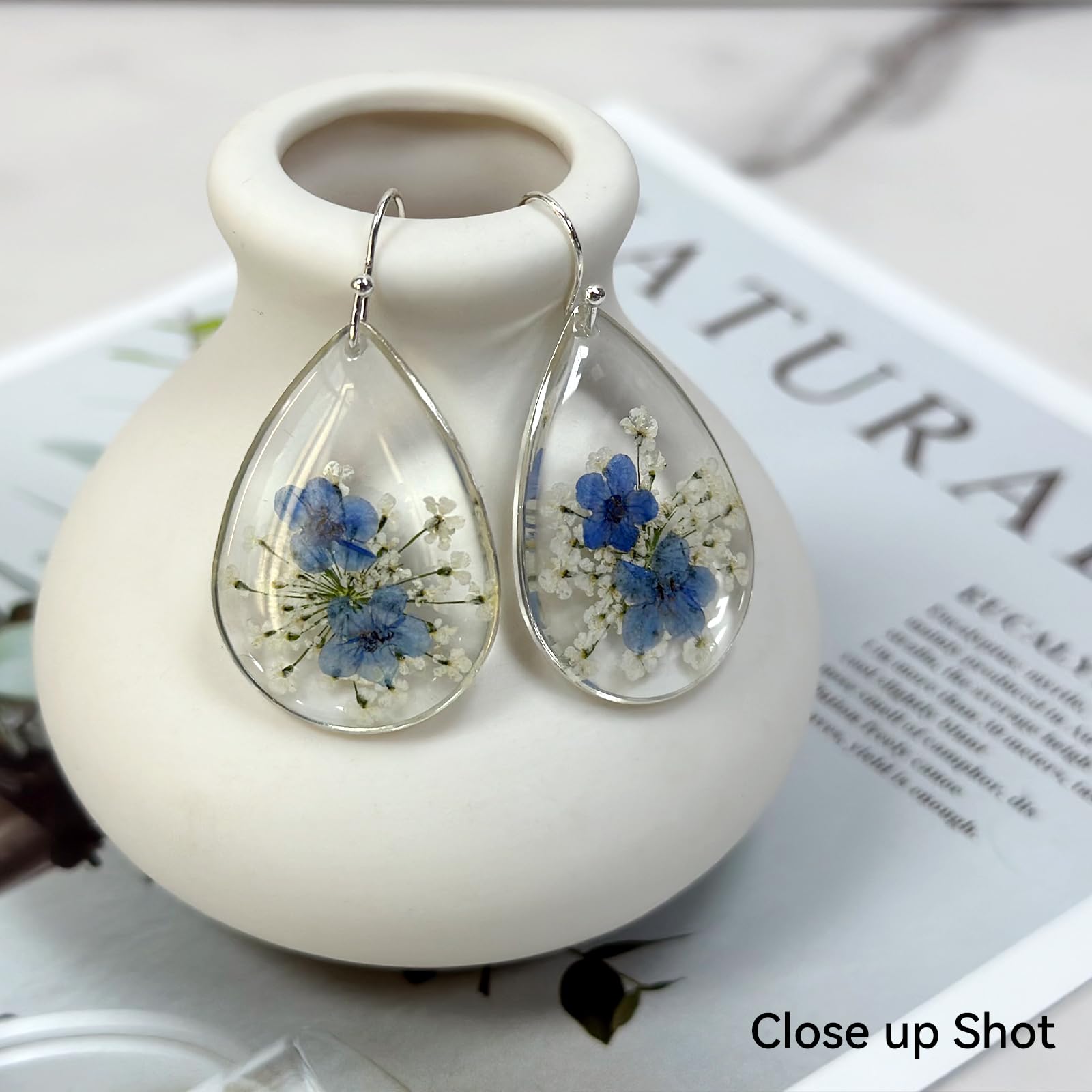 Forget-Me-Not Handmade Pressed Flower Earrings,Symbol Of Love And Innocence,Perfect For Your Birthday Party,Christmas,Gift Giving(Silver)