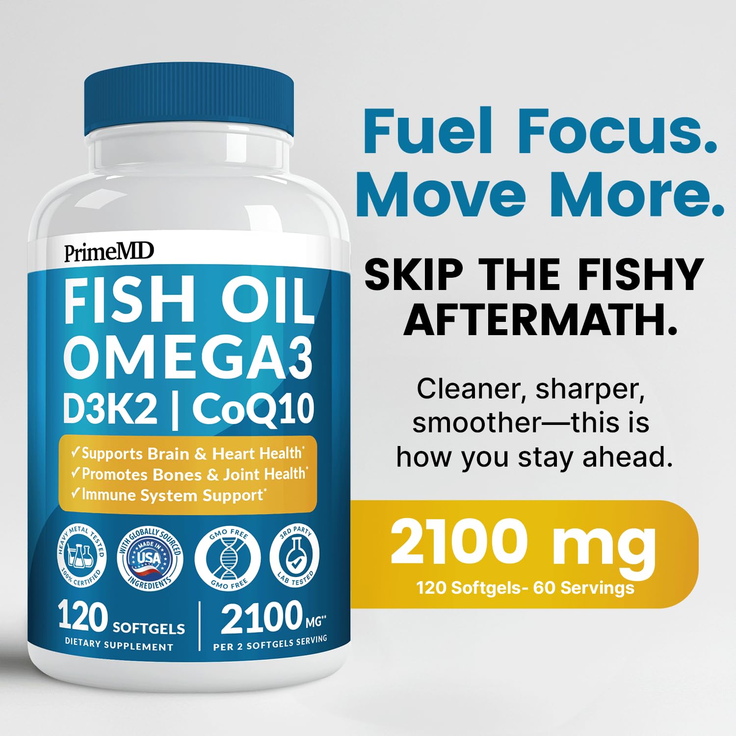5-in-1 Fish Oil Omega 3 Supplements (2100mg) - Fish Oil with Vitamins D3 & K2 and CoQ10 - EPA DHA Omega 3 Supplement - Lemon Flavored Fatty Acid Supplements, Pack of 2