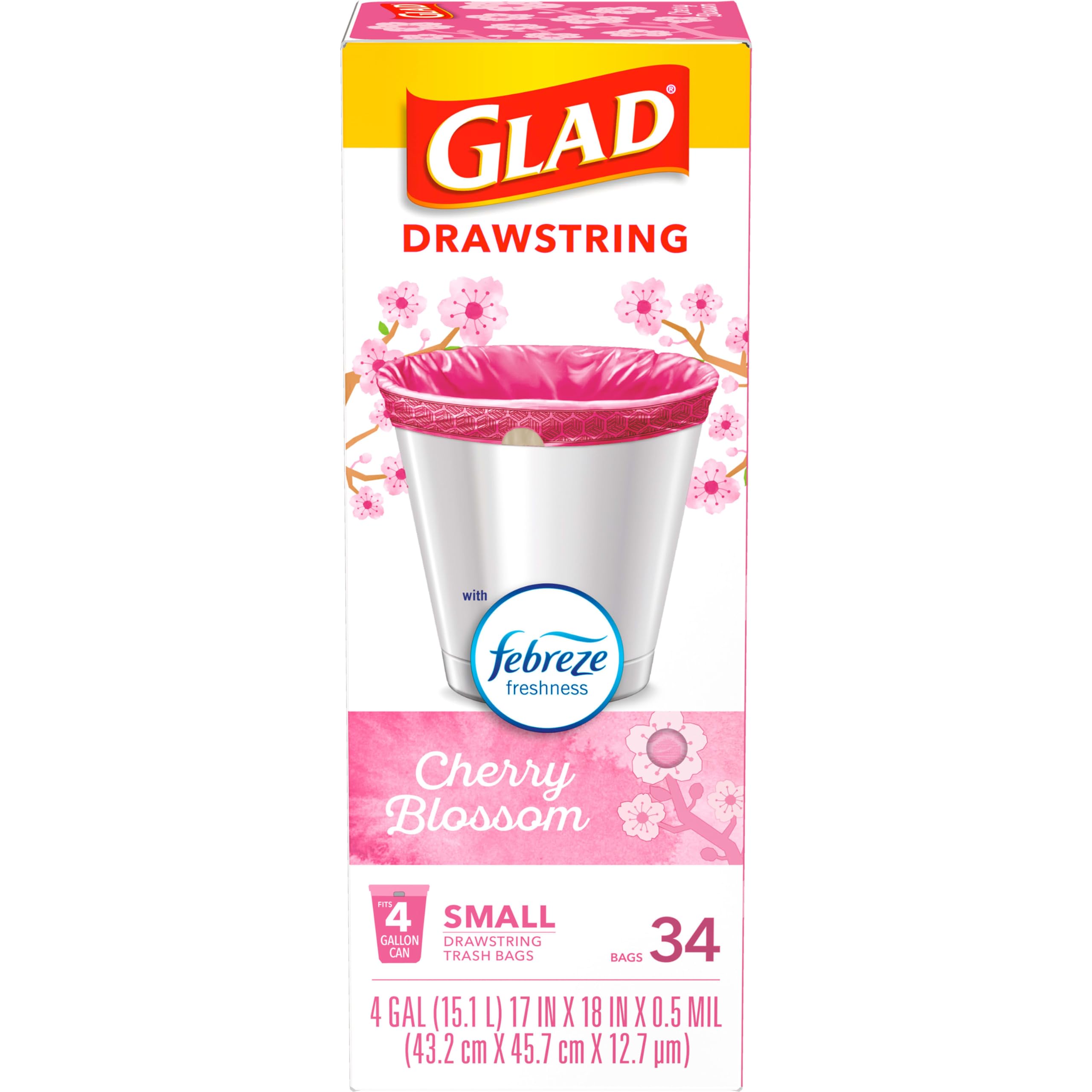 Glad Odorshield Small Drawstring Trash Bags, 4 Gal, Pink, Cherry Blossom, 34 Ct, Pack May Vary