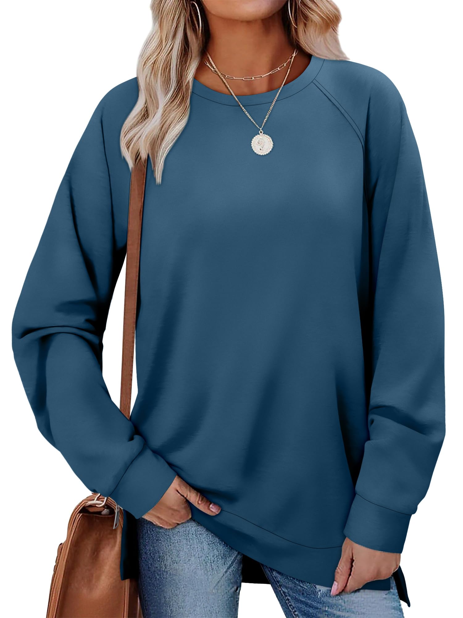 BETTE BOUTIK The Drop Long Sleeve Womens Sweatshirts with Zipper Side Slits Long Tops for Women Plain Tunics Sweatshirts Cute Tops Blue X-Large