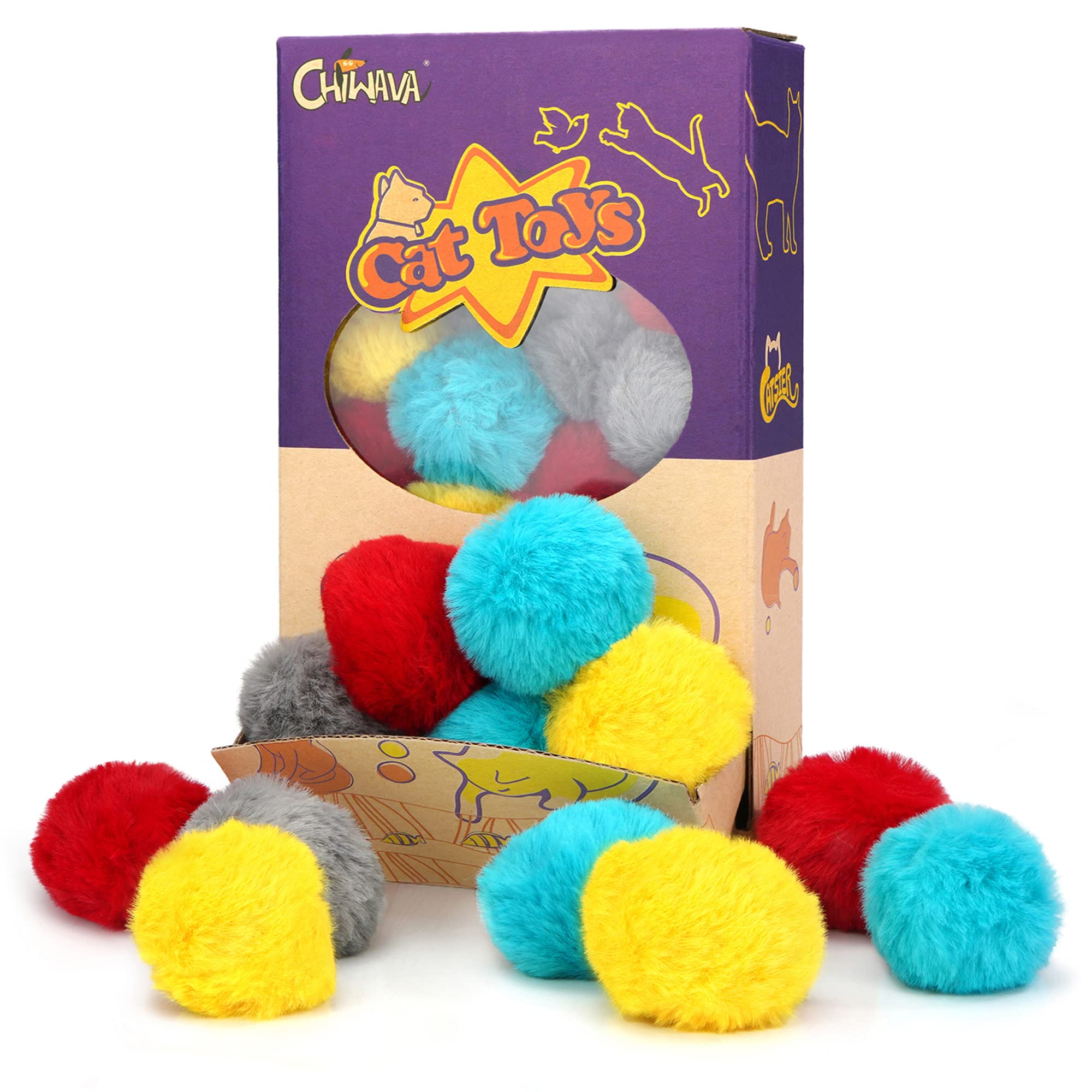 CHIWAVA 24PCS 1.8" Catnip Furry Cat Toys Ball Soft Pom Pom Balls Kitten Chasing Quiet Play Assorted Color