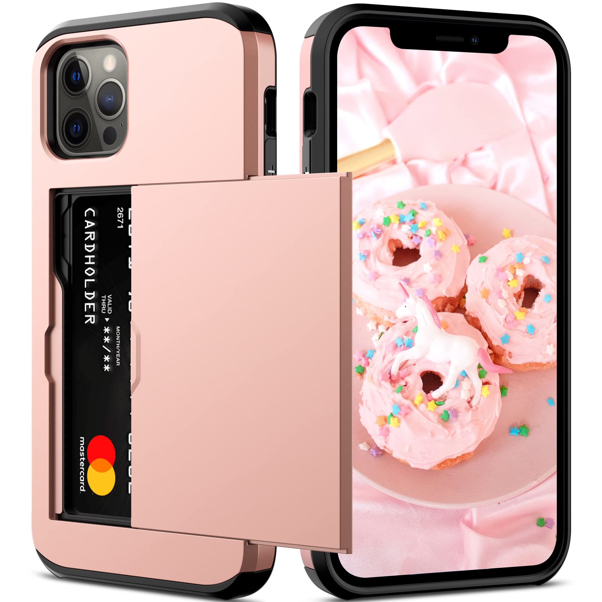 Nvollnoe for iPhone 12 Case,iPhone 12 Pro Case with Card Holder Heavy Duty Protective Dual Layer Shockproof Hidden Card Slot Slim Wallet Case for iPhone 12/12 Pro for Men&Women(Rose Gold)